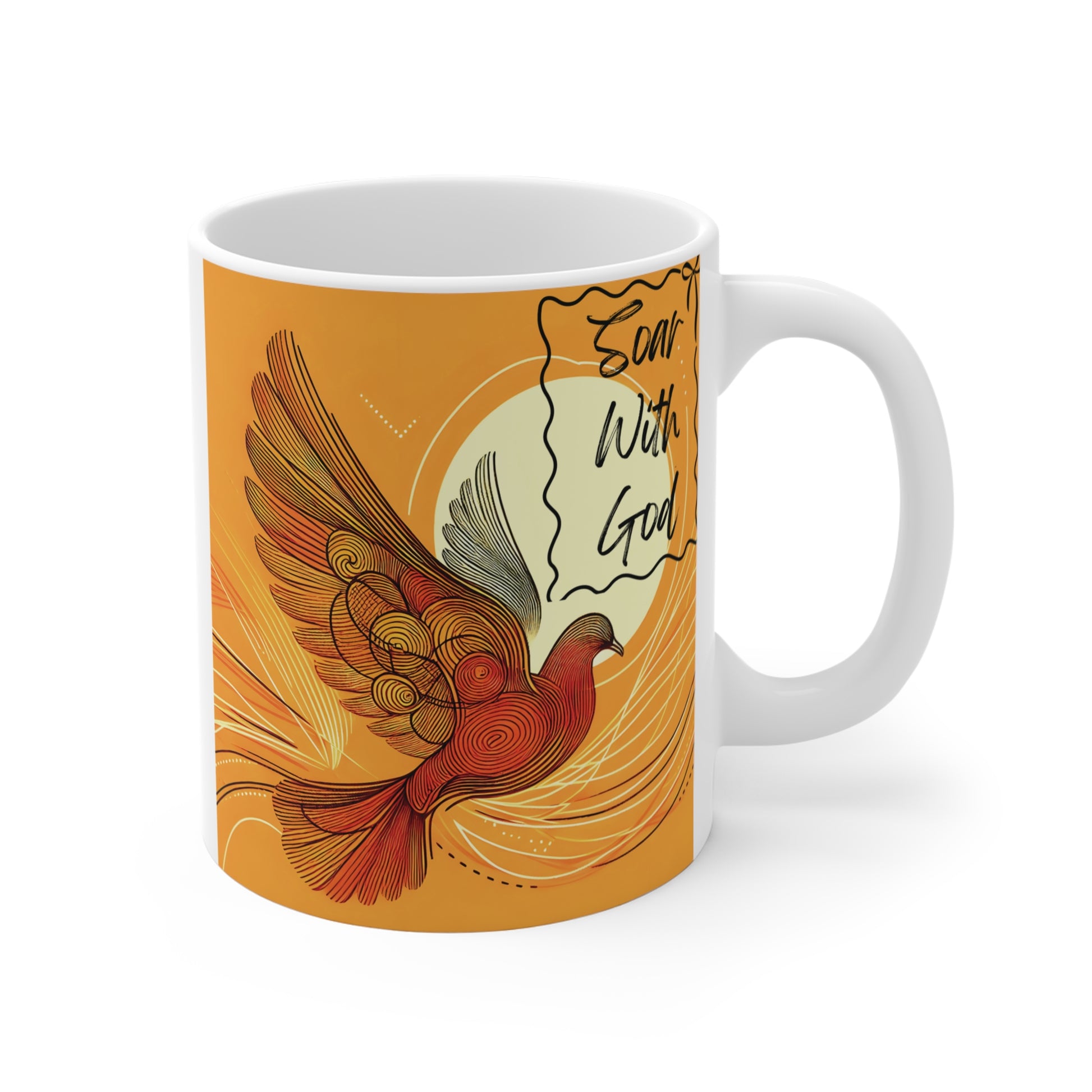 Religious gift mug with artistic bird in flight, modern line art, and uplifting Christian quote for encouragement