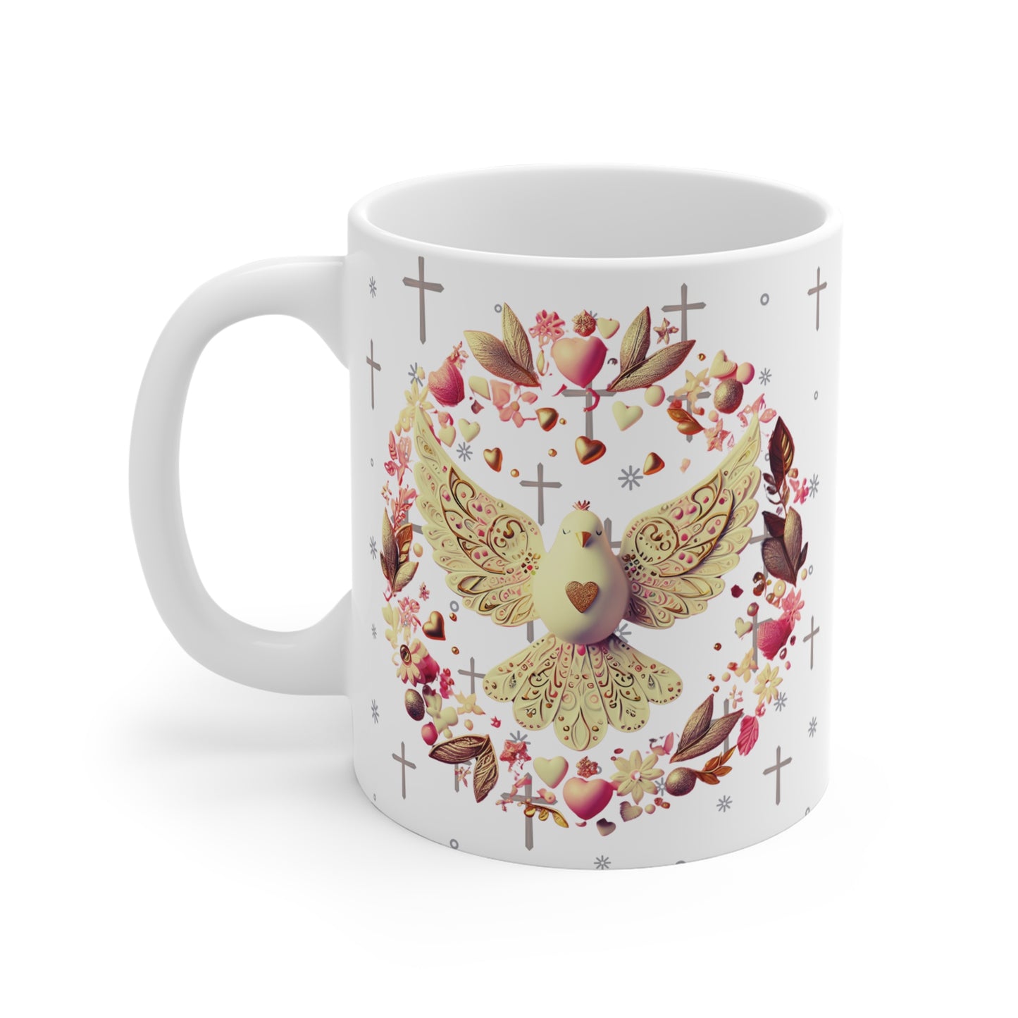Spiritual dove illustration mug with wings spread, heart accents, floral wreath, and subtle crosses representing love and faith
