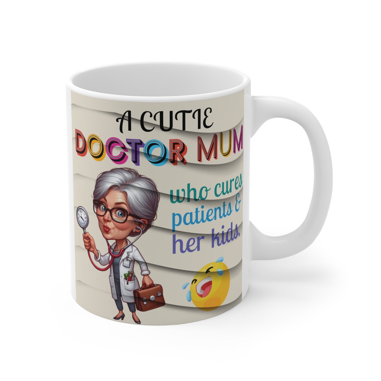 Gift mug for doctor mom with playful medical illustration, stethoscope design and cute motherhood quote