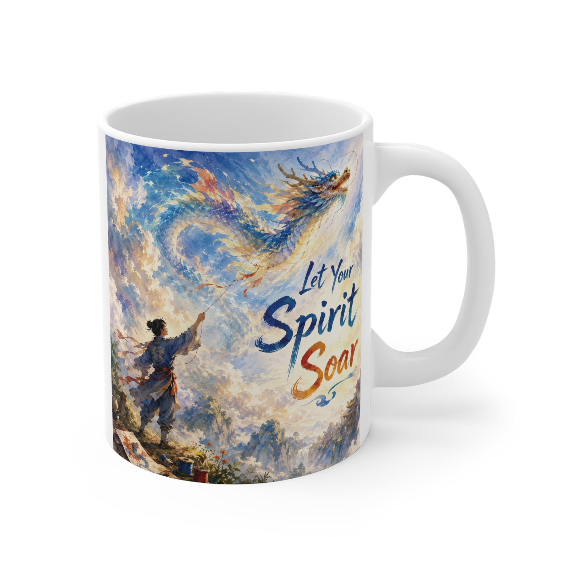 Inspirational watercolor dragon mug with Let Your Spirit Soar quote on an 11oz ceramic coffee cup
