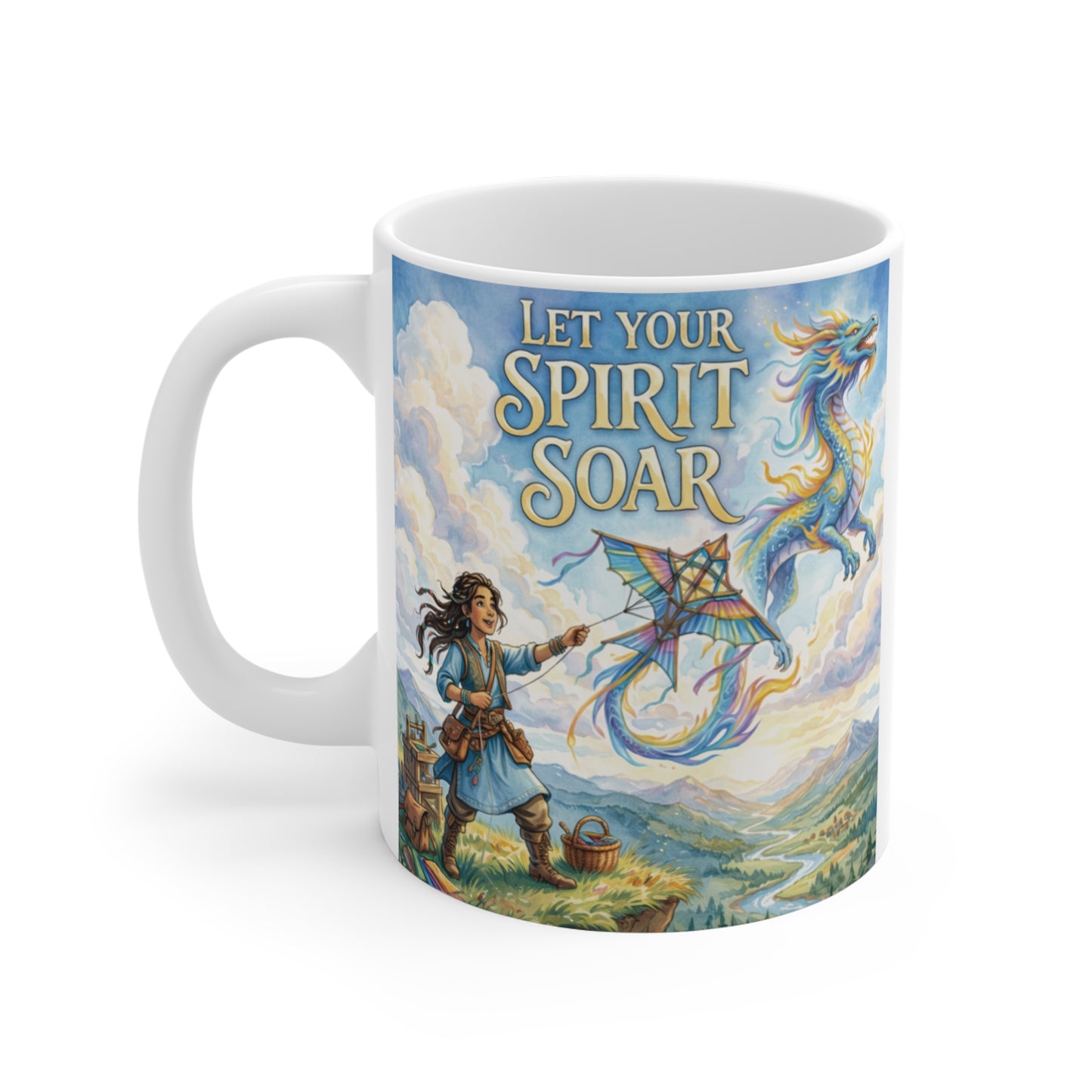 Inspirational fantasy dragon watercolor mug for coffee and tea lovers with uplifting artwork