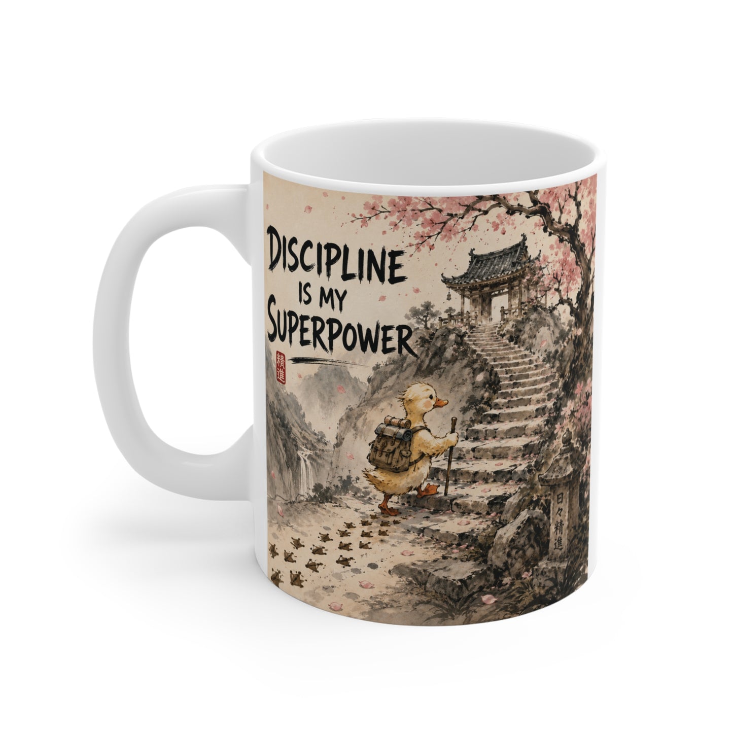 Motivational ceramic mug with Japanese ink art of a duck climbing toward a temple, symbolizing discipline and perseverance.