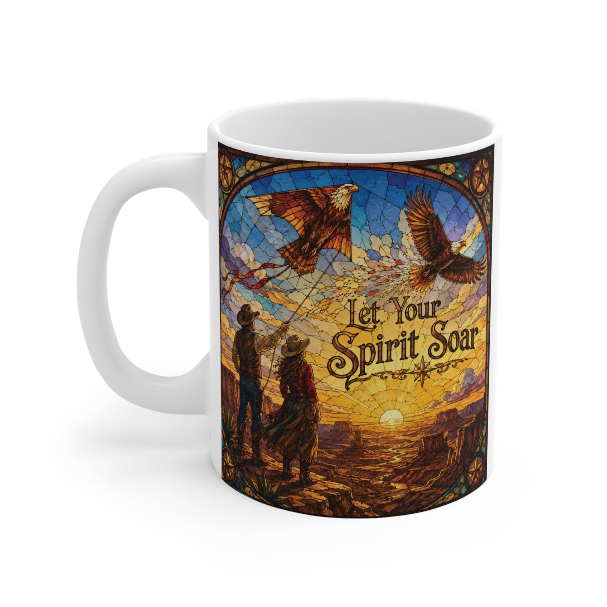Premium 11oz coffee mug featuring stained glass eagle artwork and the uplifting message "Let Your Spirit Soar."