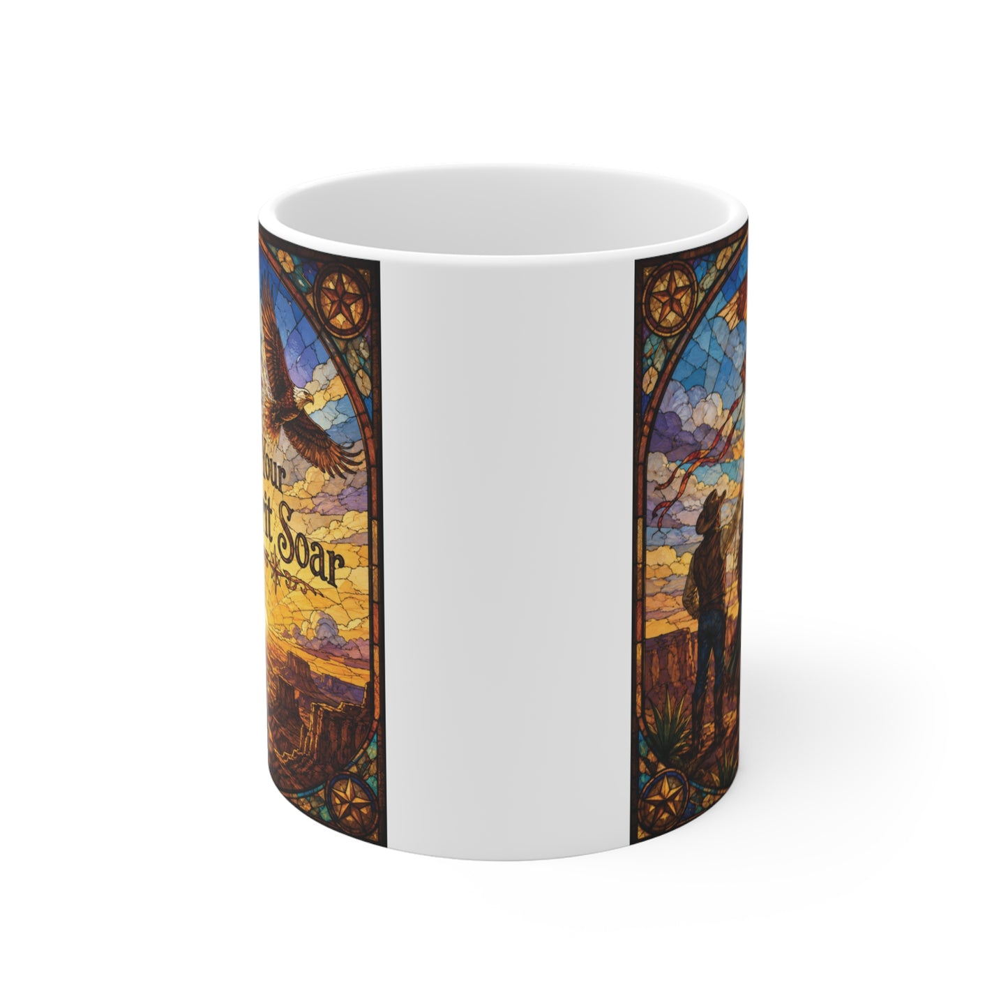 Inspirational ceramic mug with colorful stained glass artwork of soaring eagles and motivational typography.