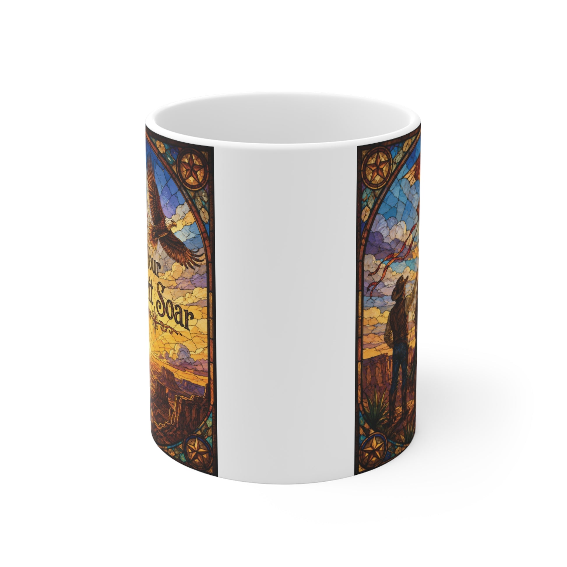 Inspirational ceramic mug with colorful stained glass artwork of soaring eagles and motivational typography.