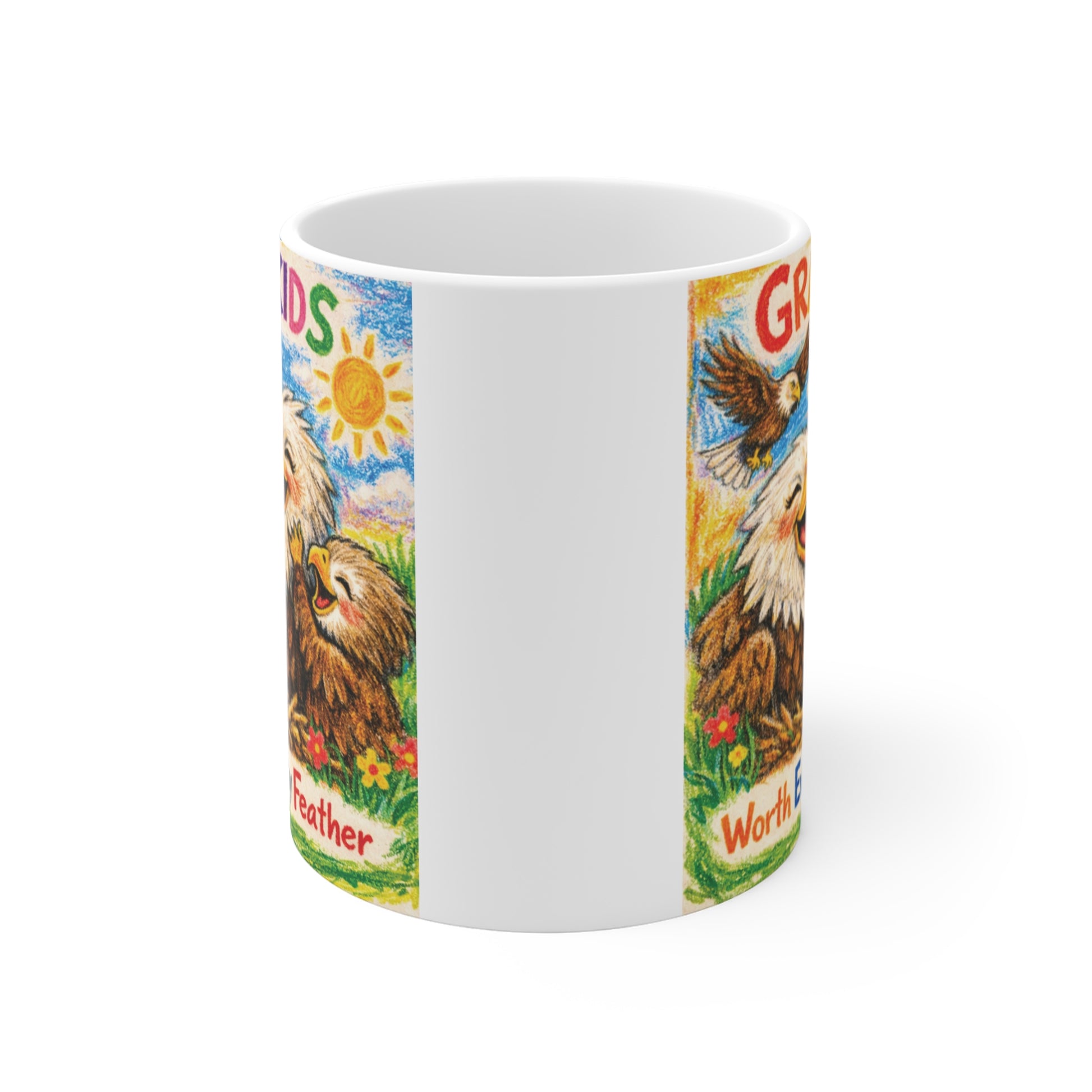 Funny grandparents coffee mug with cute bald eagle family illustration and the quote "Grandkids Worth Every Gray Feather," perfect gift for Grandma, Grandpa, Nana, or Papa.