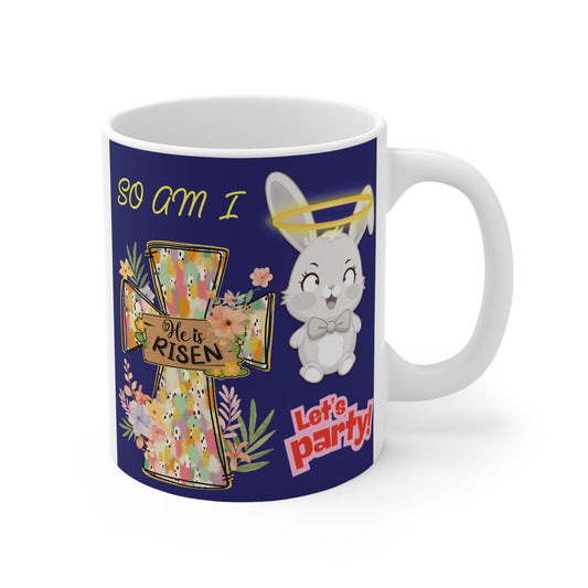 Christian Easter mug with ‘He Is Risen’ floral cross, cute bunny with halo, and ‘Let’s Party’ text on navy background