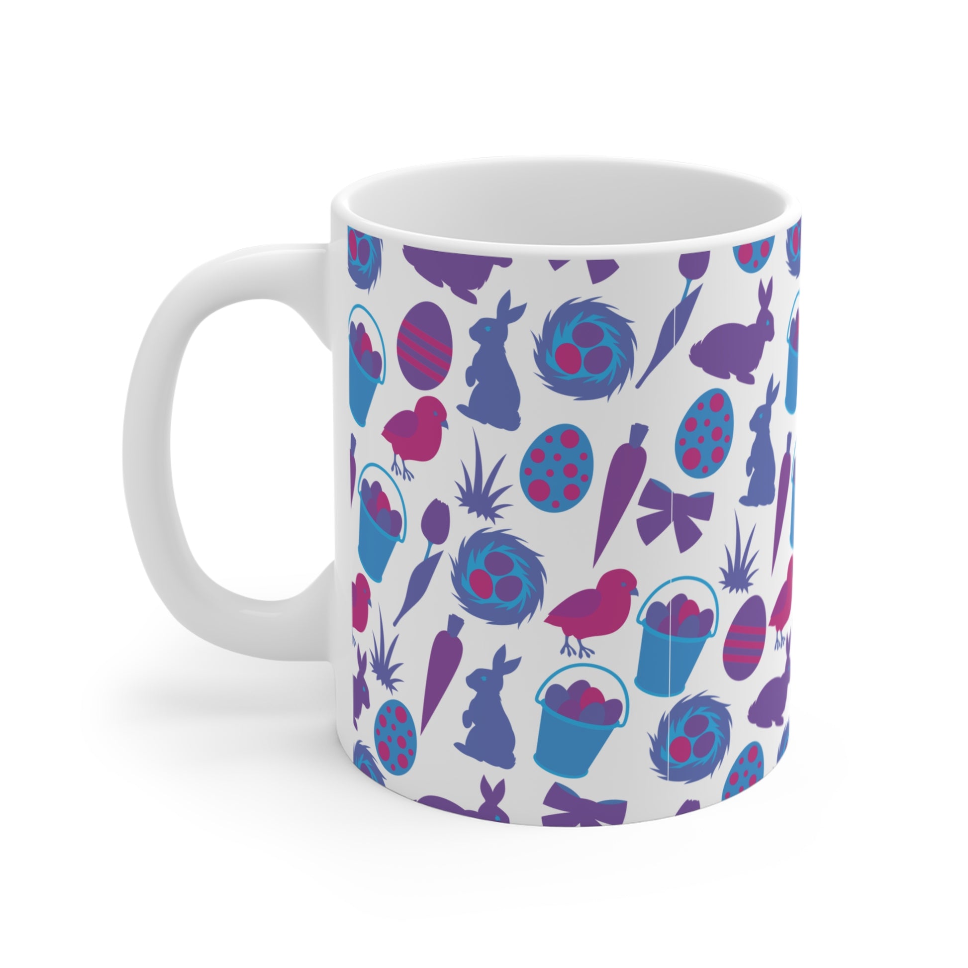 Festive Easter mug with vibrant pattern of rabbits, chicks, eggs, and carrots for holiday gifts