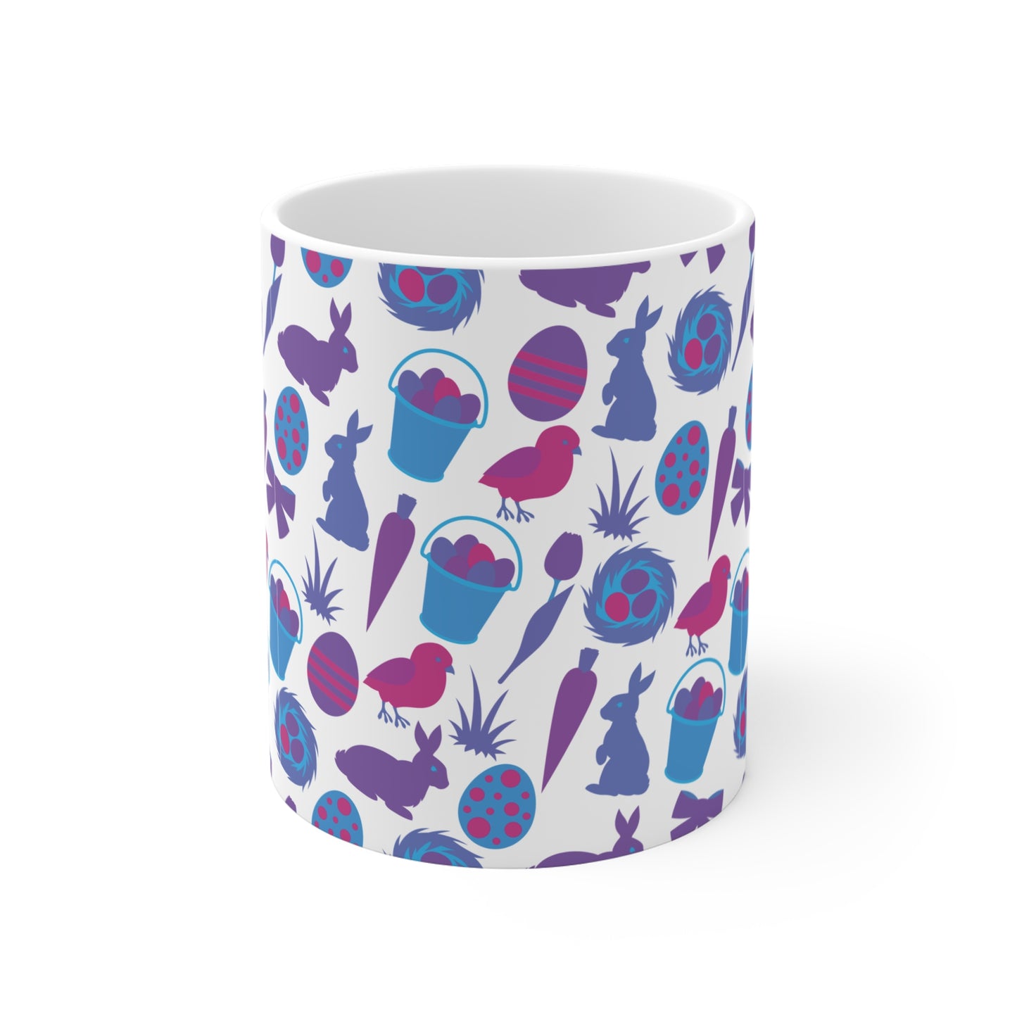 Cute Easter coffee mug featuring repeating bunny silhouettes, decorated eggs, nests, and spring-themed illustrations
