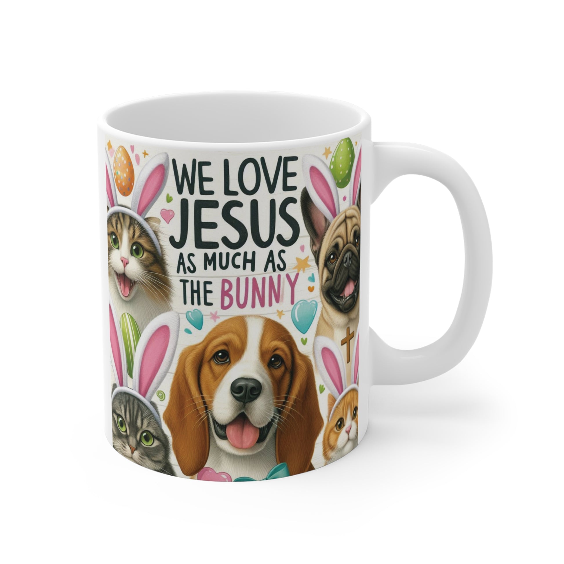 Easter-themed Christian mug with adorable pets, bunny ears, and faith-based quote perfect for holiday gift