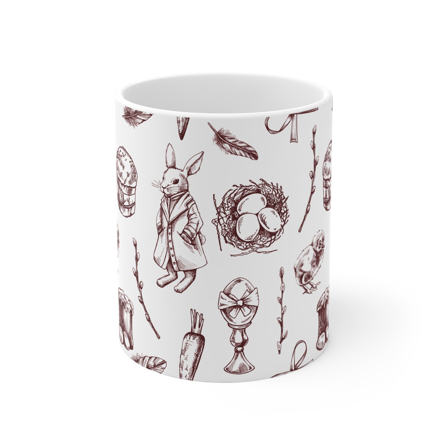 Seamless wrap around coffee mug featuring hand-drawn vintage elements, bunny, leaves, and decorative rustic artwork