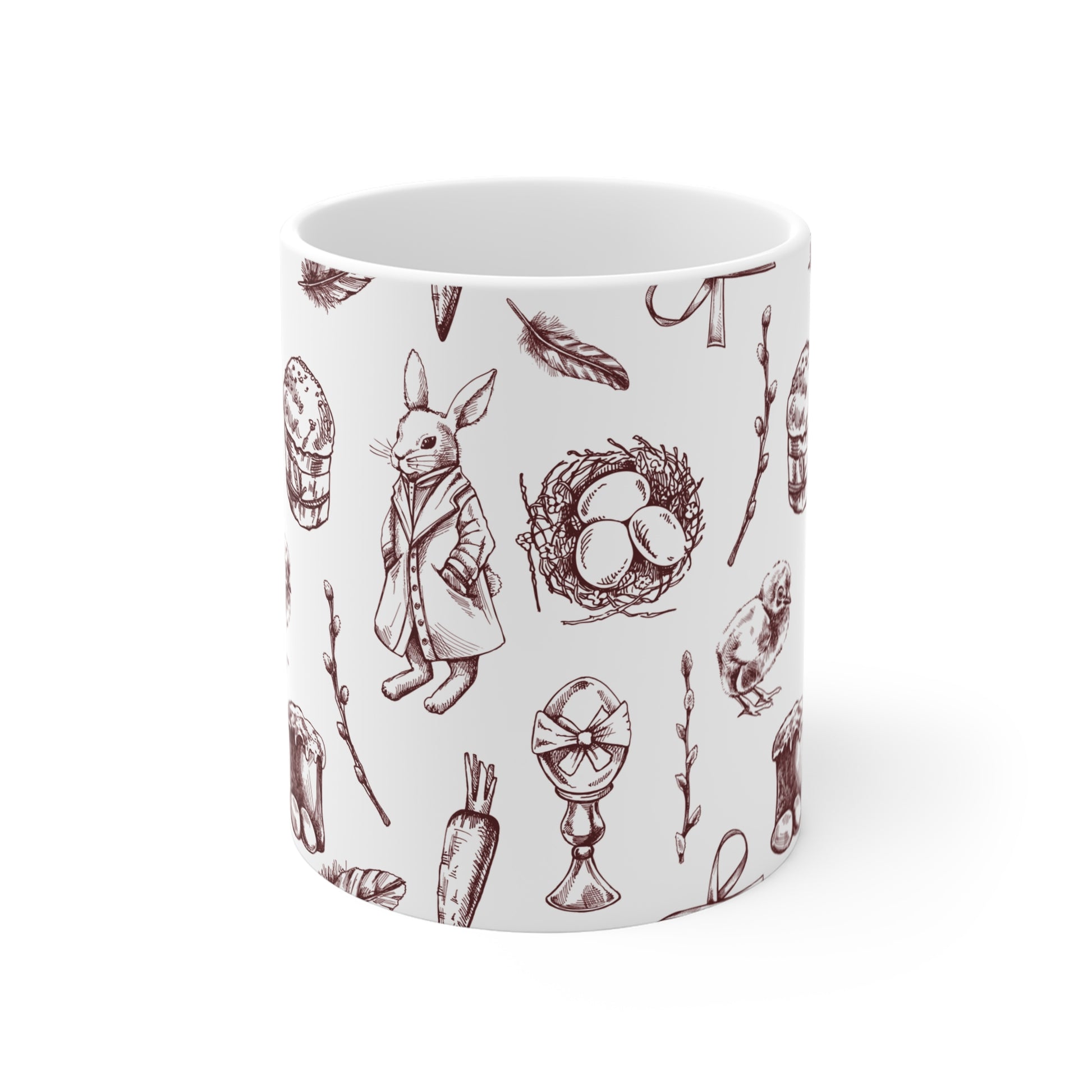 Seamless wrap around coffee mug featuring hand-drawn vintage elements, bunny, leaves, and decorative rustic artwork