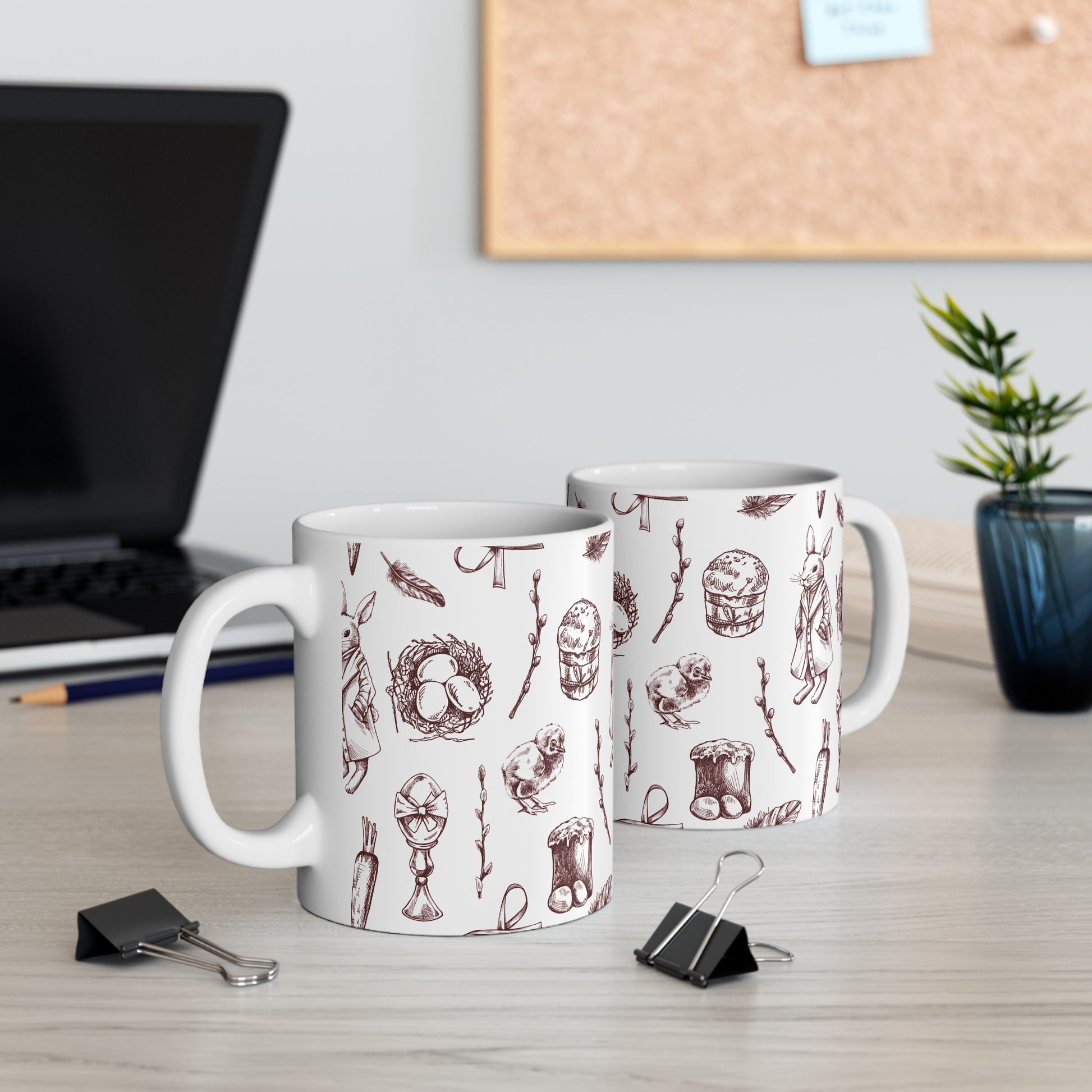 Wrap around mug with vintage sketch illustrations, rabbit, wreath, feathers and rustic objects seamless pattern design