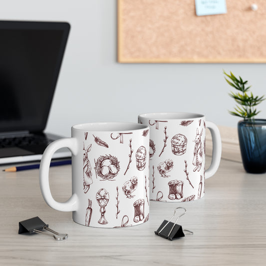 Wrap around mug with vintage sketch illustrations, rabbit, wreath, feathers and rustic objects seamless pattern design