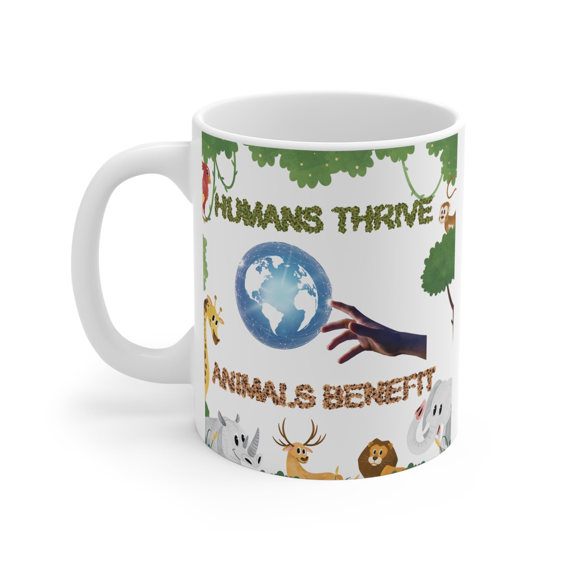 Environmental awareness mug with globe illustration, human hand and animals, ideal sustainable gift for animal lovers and conservation supporters