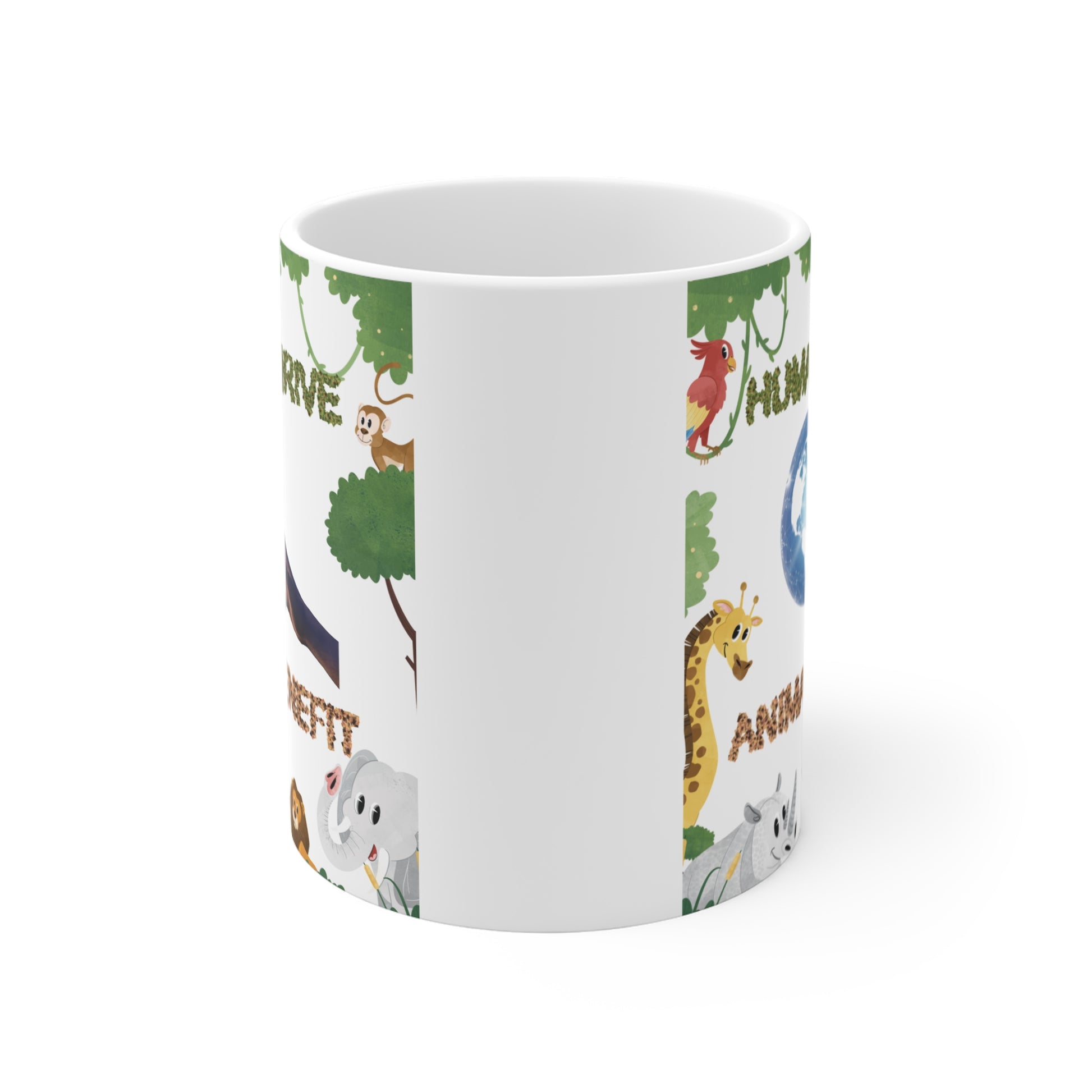 Nature conservation coffee mug showing planet Earth and wildlife theme, meaningful eco gift promoting harmony between humans and animals