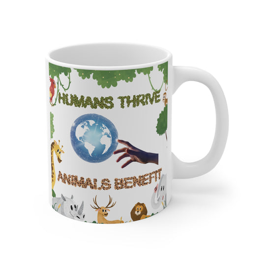 Eco-friendly coffee mug with Earth and wildlife design featuring message about humans and animals thriving together, perfect gift for nature lovers