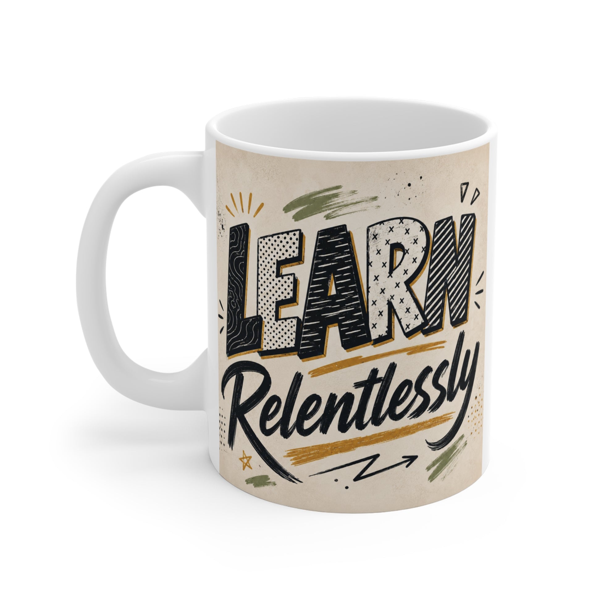 Modern typography coffee mug for students and lifelong learners with motivational quote