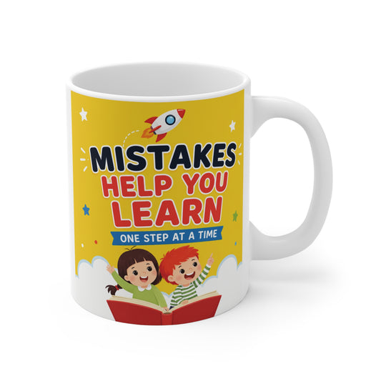 Colorful 11oz ceramic mug with the quote “Mistakes Help You Learn” and cute cartoon children reading a book