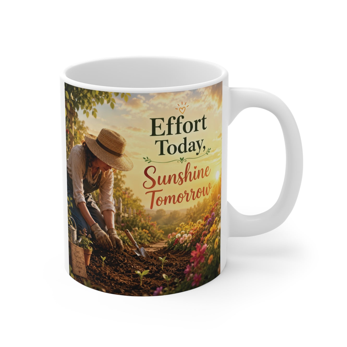 11oz ceramic coffee mug featuring a gardener planting in a sunlit garden with the inspirational quote "Effort Today, Sunshine Tomorrow" for motivation and personal growth.