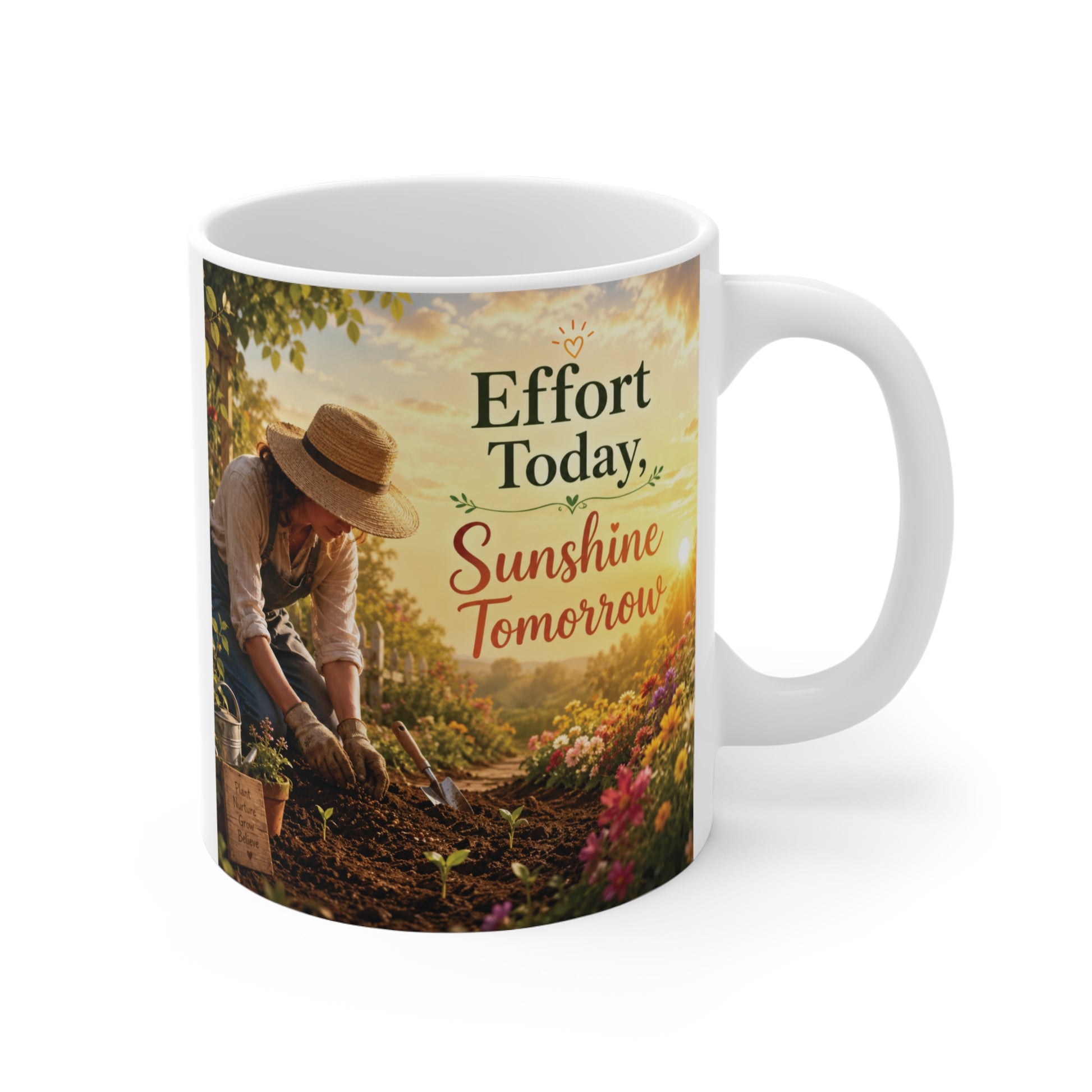 11oz ceramic coffee mug featuring a gardener planting in a sunlit garden with the inspirational quote "Effort Today, Sunshine Tomorrow" for motivation and personal growth.