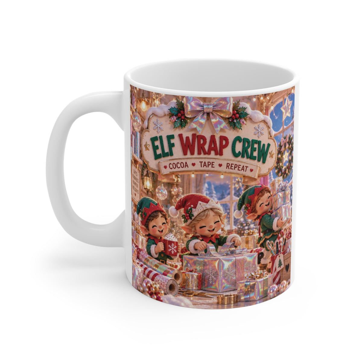 Elf Wrap Crew 11oz Christmas mug with playful gift-wrapping elves, festive presents and colorful holiday decorations
