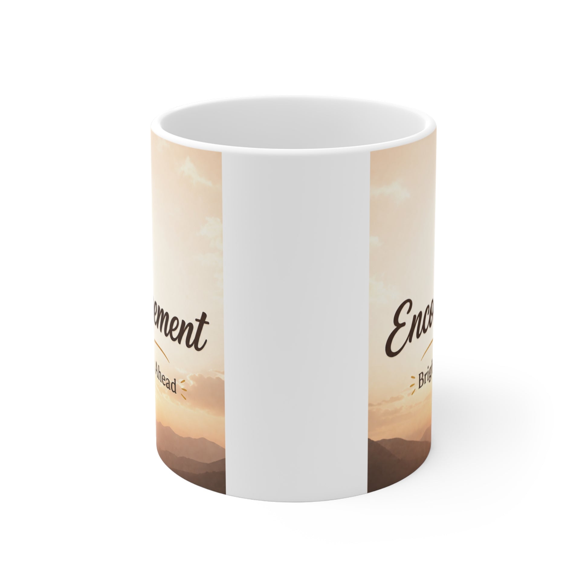 Motivational coffee mug with uplifting message encouragement brighter days ahead in soft golden background