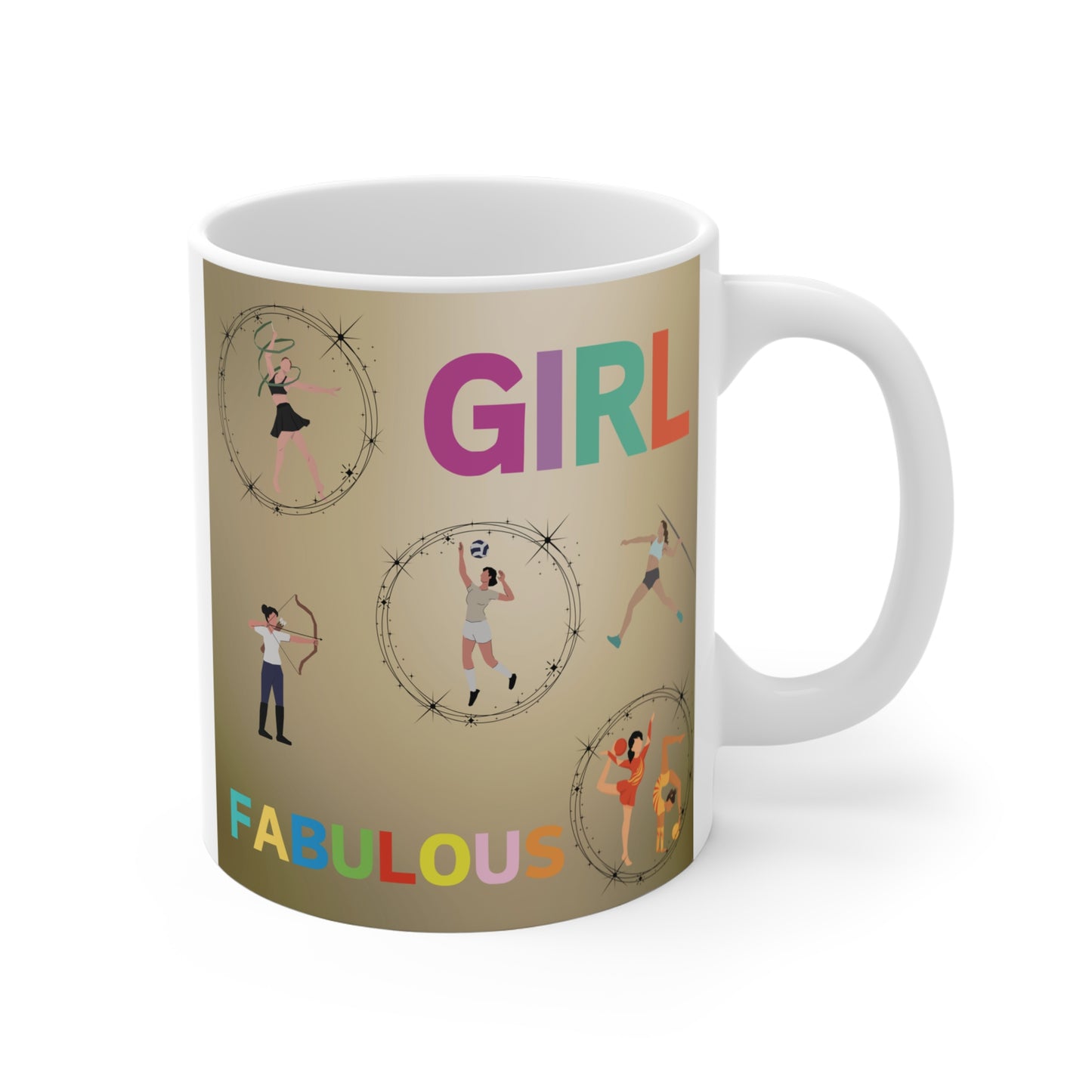 Motivational girl power mug with sporty female figures and vibrant typography, perfect gift for active girls and teens
