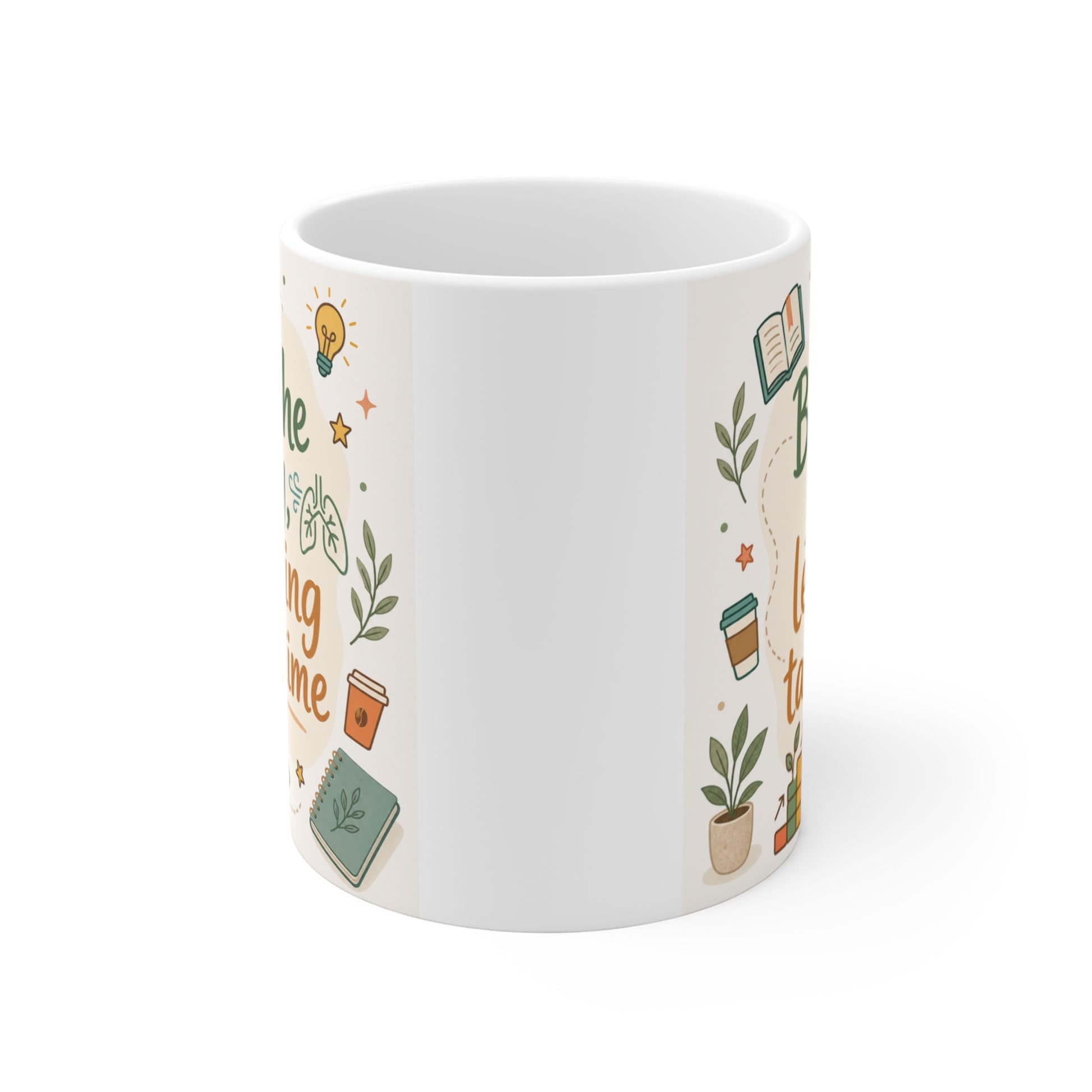 Aesthetic study-themed mug with positive affirmation “Breathe Easy Learning Takes Time,” great for classroom decor or thoughtful teacher gift