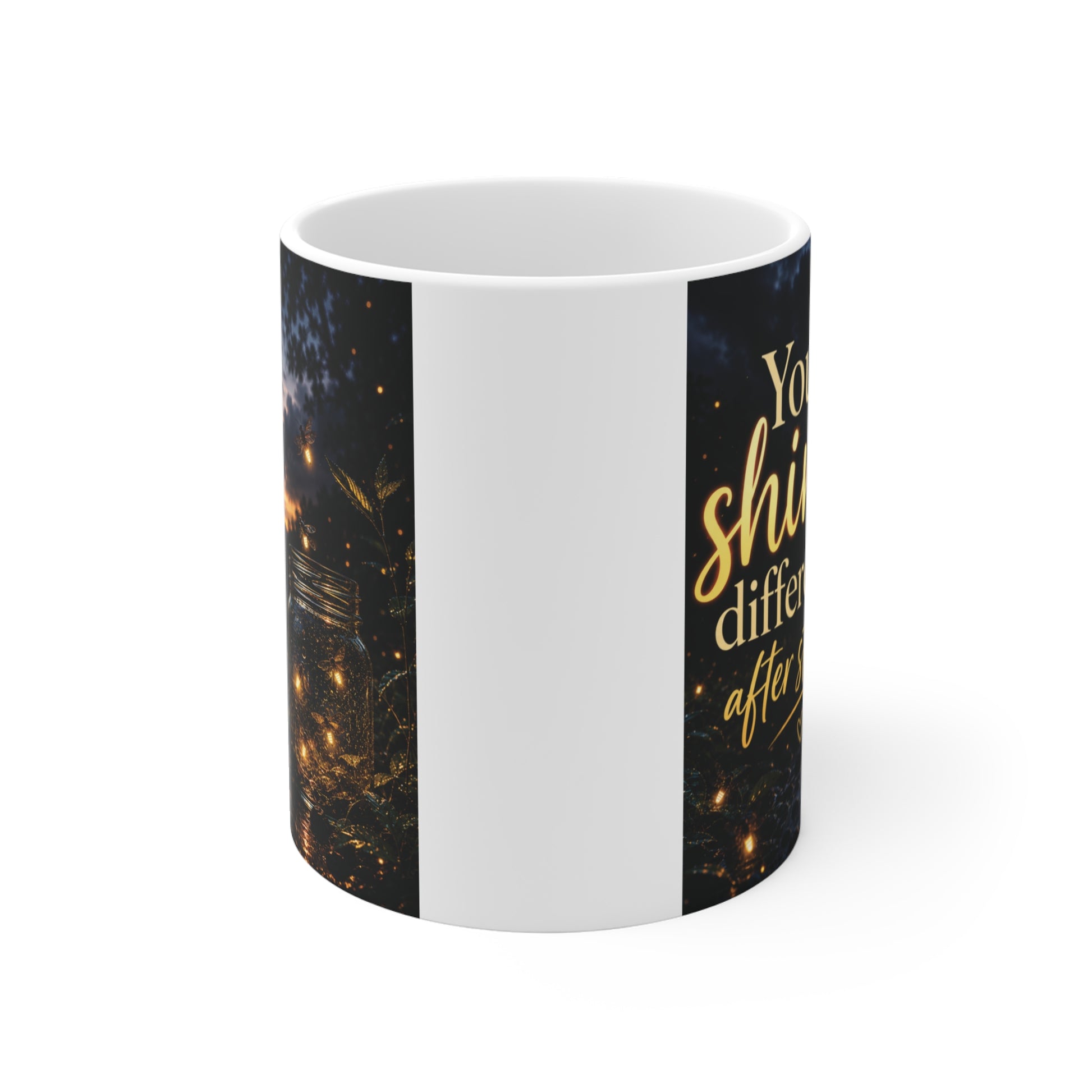 Motivational ceramic coffee mug with uplifting typography and aesthetic dark landscape design