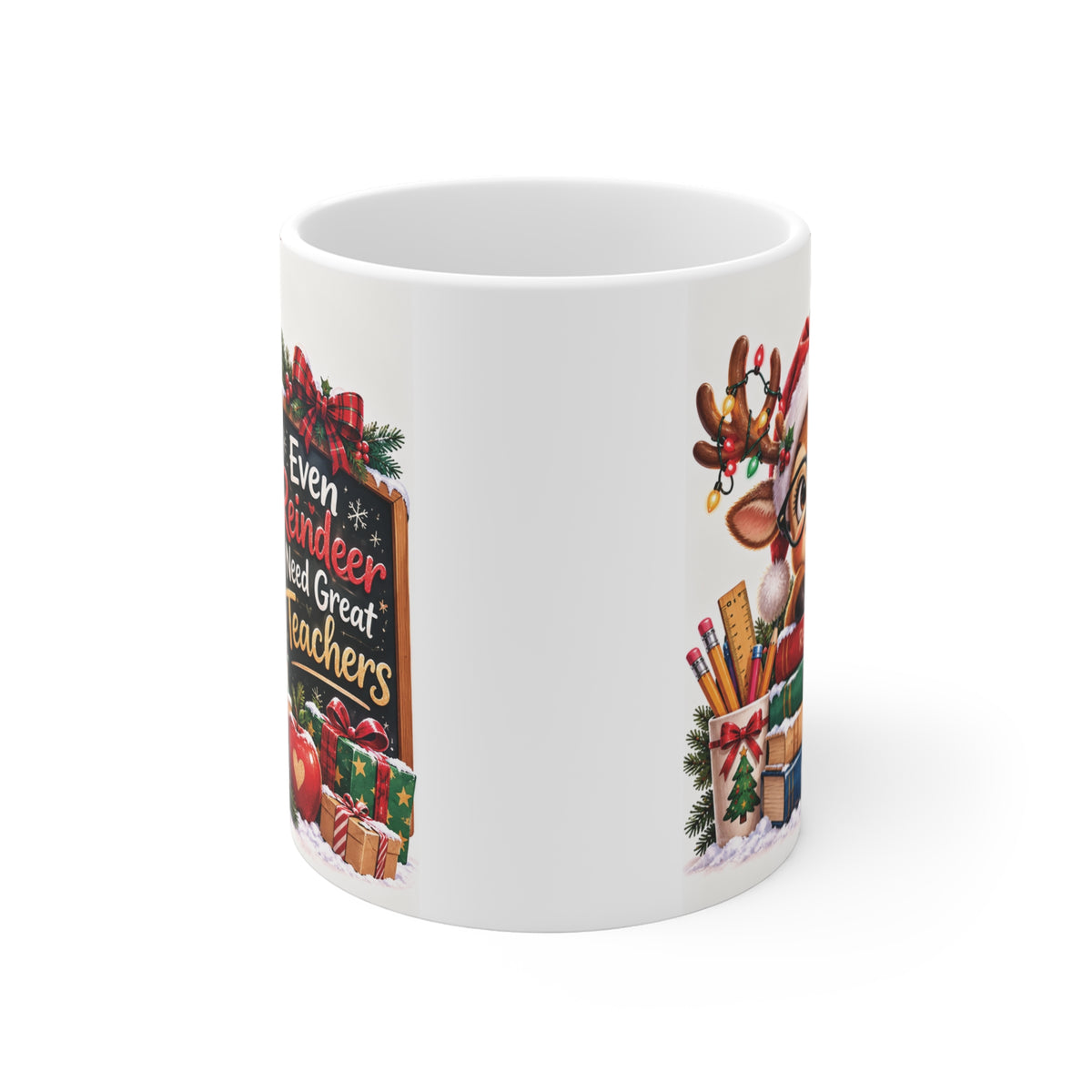 Adorable Christmas reindeer teacher appreciation mug with a smiling reindeer, Santa hat, glasses, and books labeled Reading, Math, Science, and Kindness.