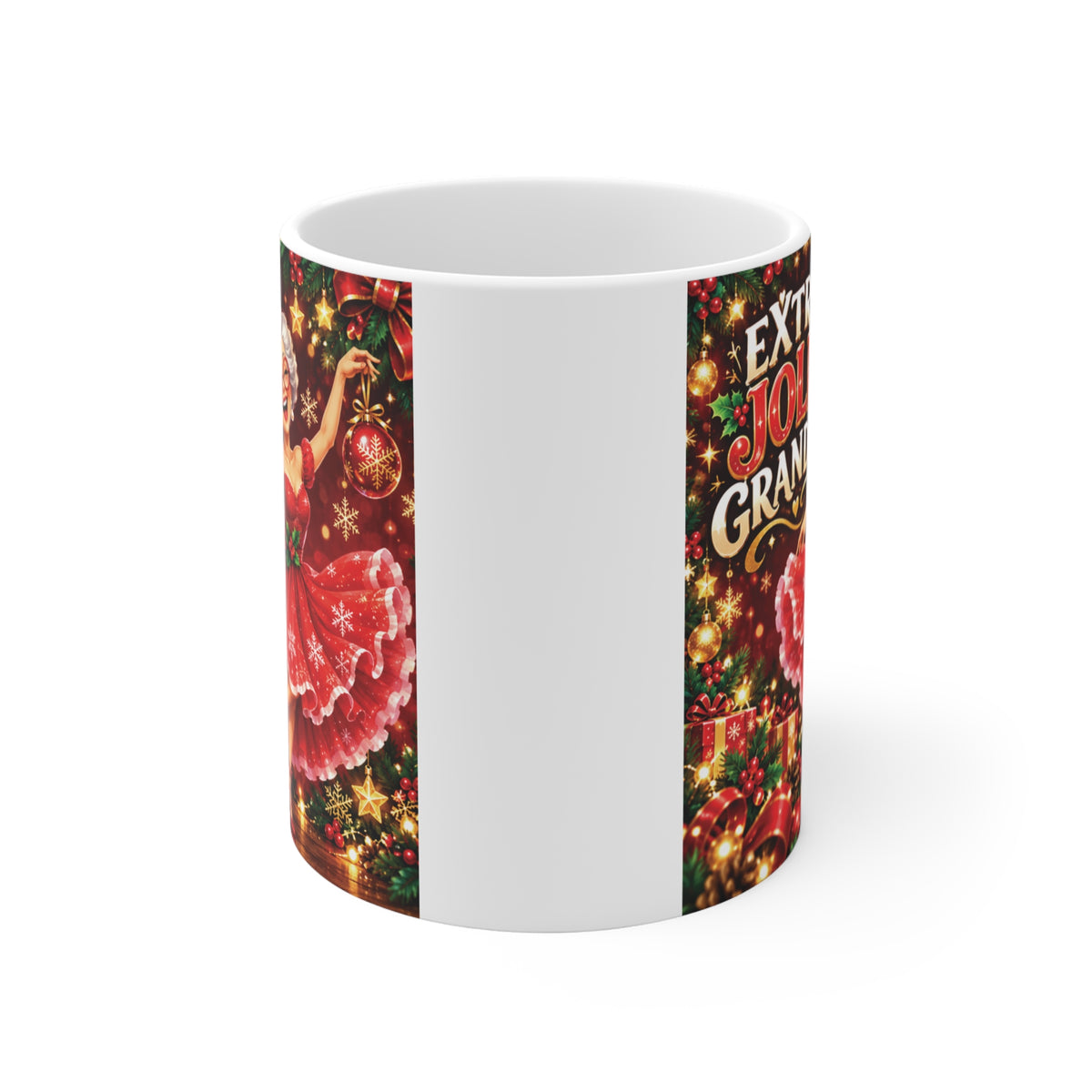 Close-up of a holiday-themed 11oz coffee mug with a Christmas design of a dancing grandmother and gifts in the background.