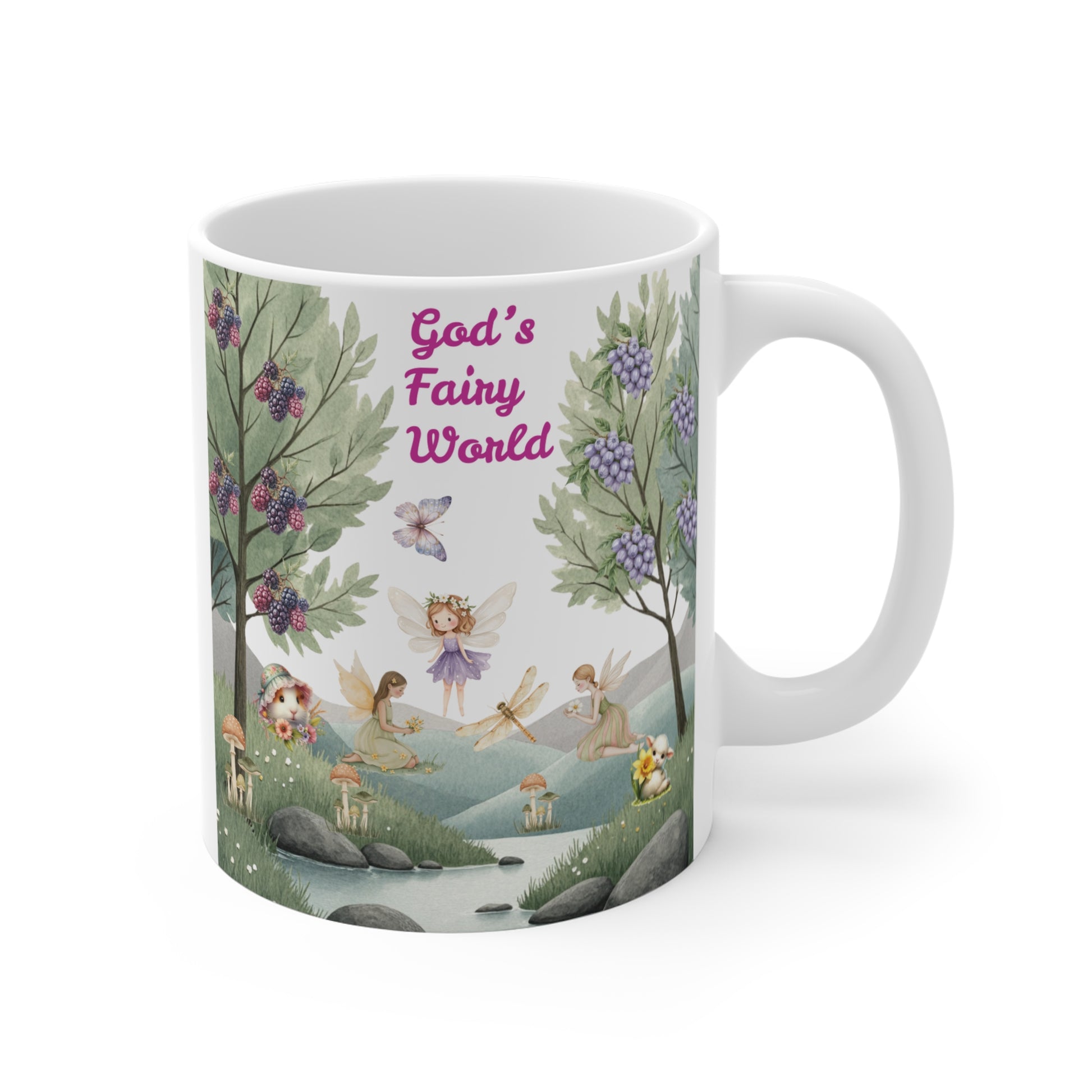 Cute fairy mug with “God’s Fairy World” text, featuring woodland fairies, butterflies, and nature scene illustration