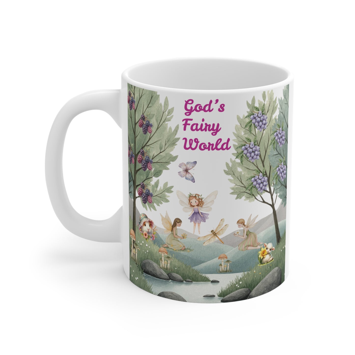 Fantasy-themed coffee mug with fairies, dragonflies, berries, and whimsical forest design with “God’s Fairy World” quote