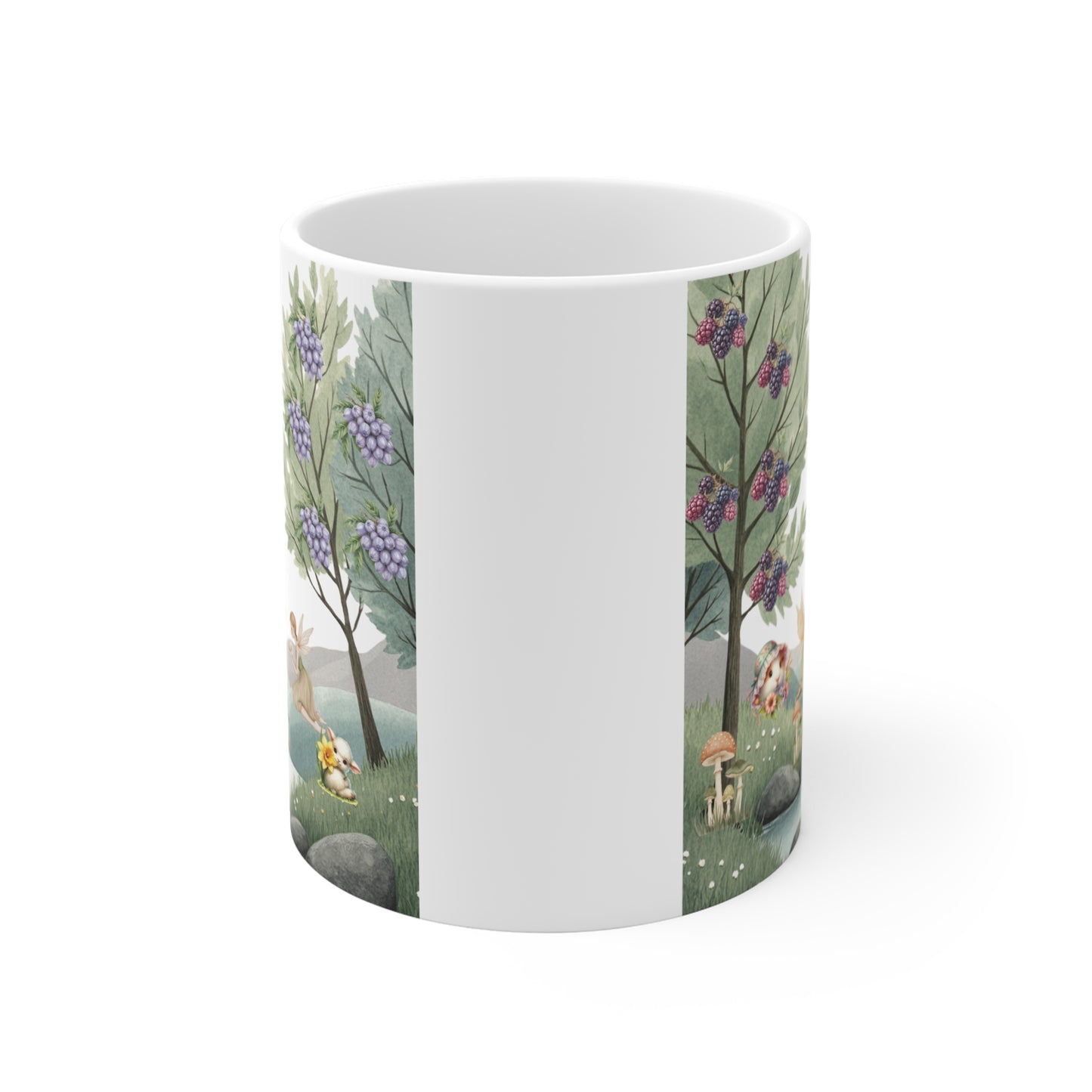 Enchanted fairy world mug design with pastel forest, magical creatures, and nature-inspired artwork for gift ideas