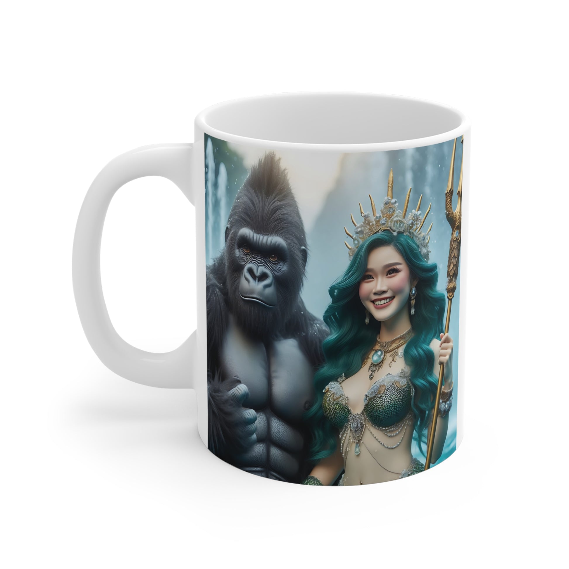 Mythical gorilla and mermaid art mug showcasing a fantasy jungle waterfall scene with elegant ocean royalty and realistic animal portrait design.