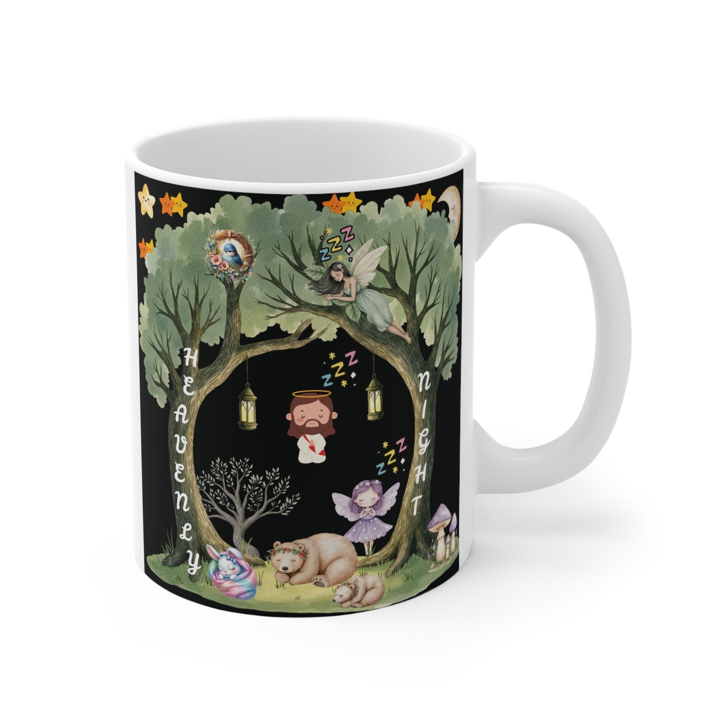 Christian night theme coffee mug with cute angels, sleeping bear family and magical forest illustration, peaceful bedtime design