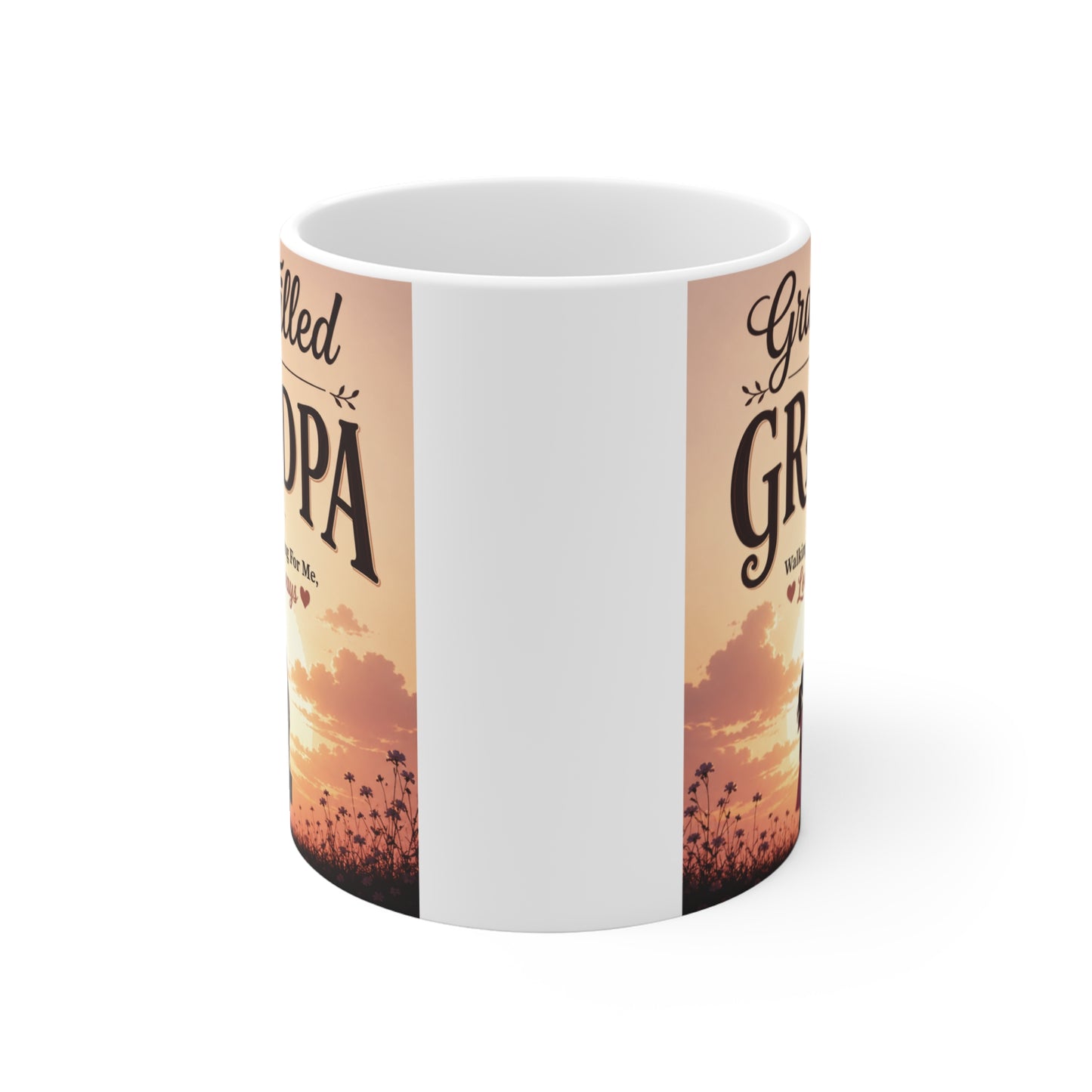 11oz ceramic Grandpa coffee mug featuring sentimental grandfather and granddaughter design with Walking With Me Praying For Me Loving Me Always message.