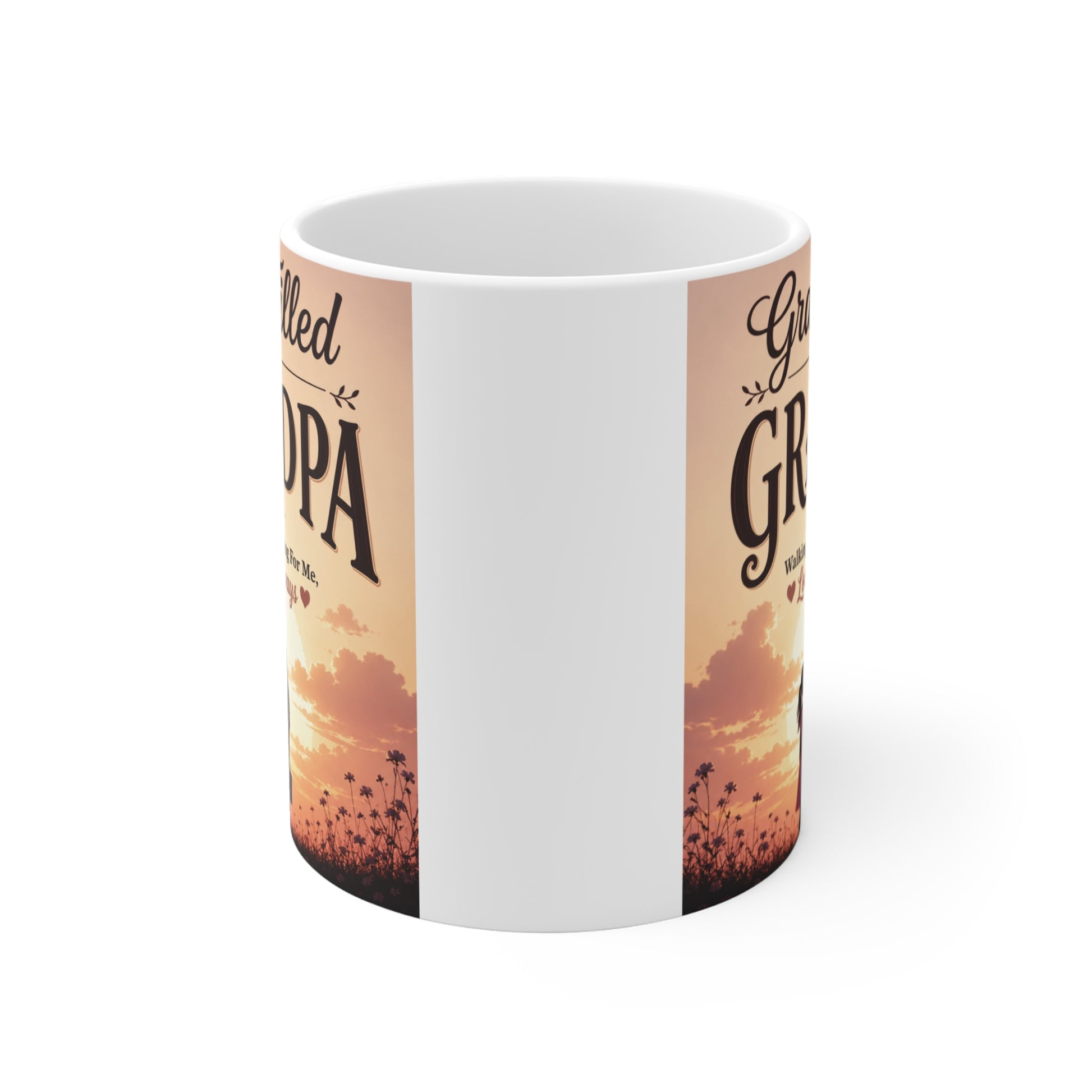 11oz ceramic Grandpa coffee mug featuring sentimental grandfather and granddaughter design with Walking With Me Praying For Me Loving Me Always message.