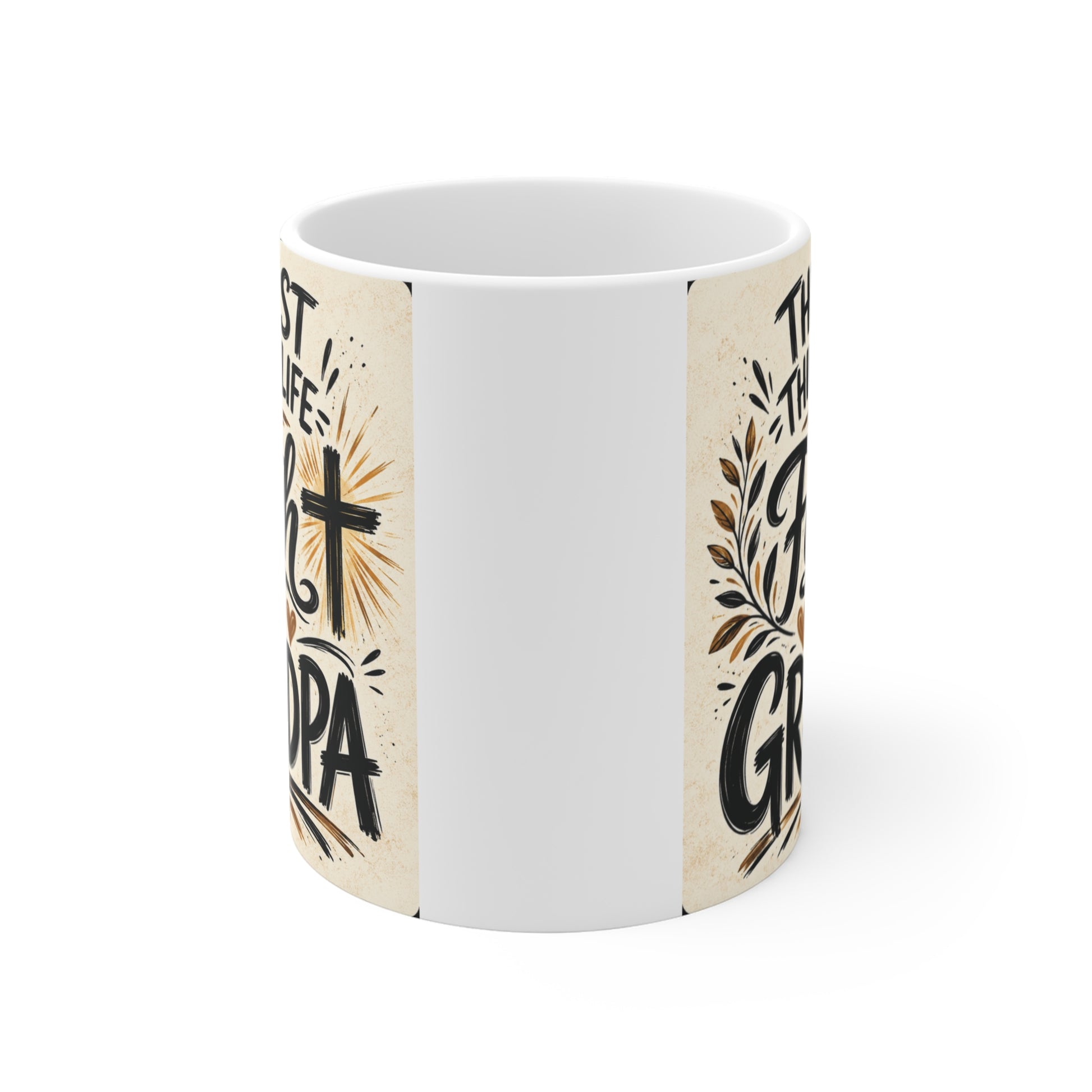 Christian grandpa ceramic mug featuring inspirational faith and family quote for Grandpa