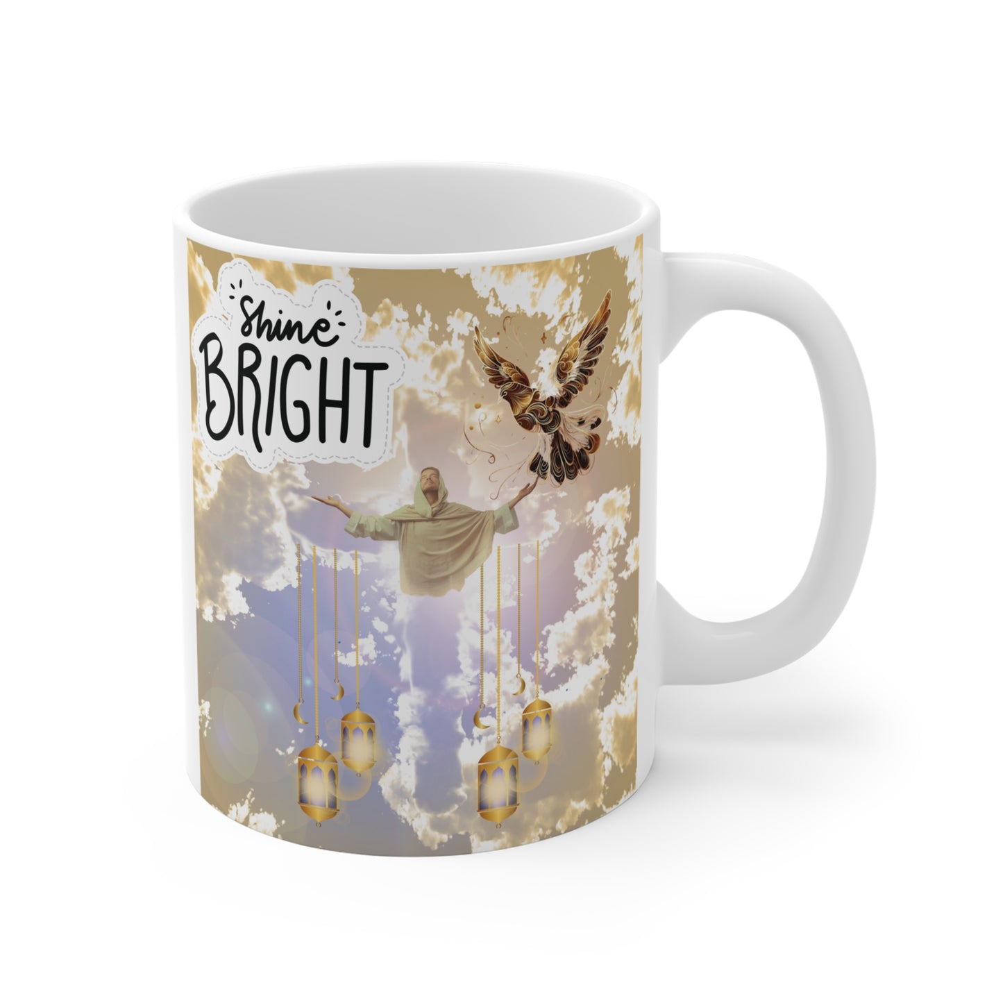 Faith-based mug design with Jesus Christ, celestial clouds, hanging lanterns, and uplifting Christian quote for gifts