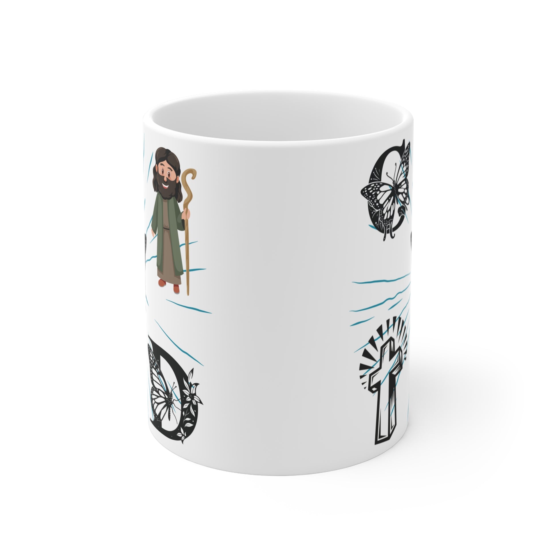 Faith-based mug with butterfly art, cross and Jesus character, symbol of hope and spiritual renewal