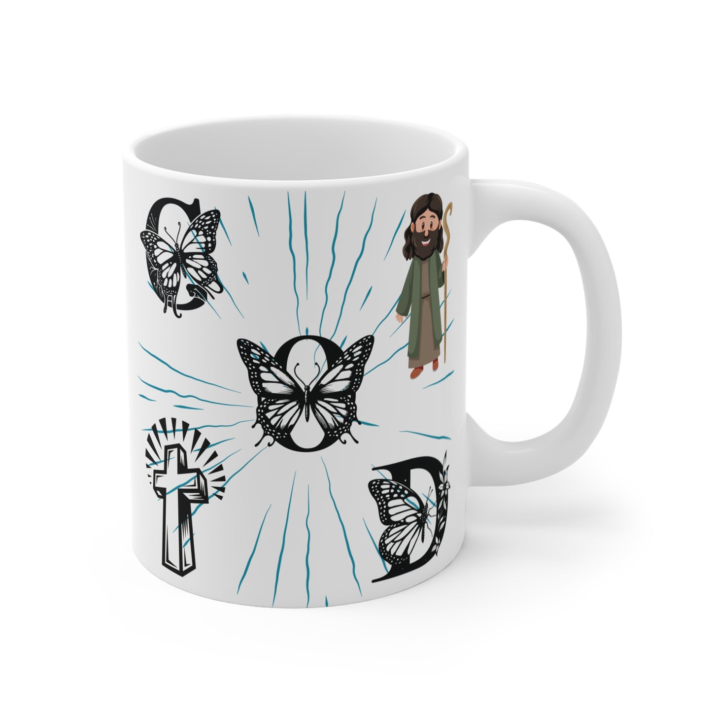 Religious coffee mug featuring butterflies, cross symbol and Jesus figure, inspirational Christian gift