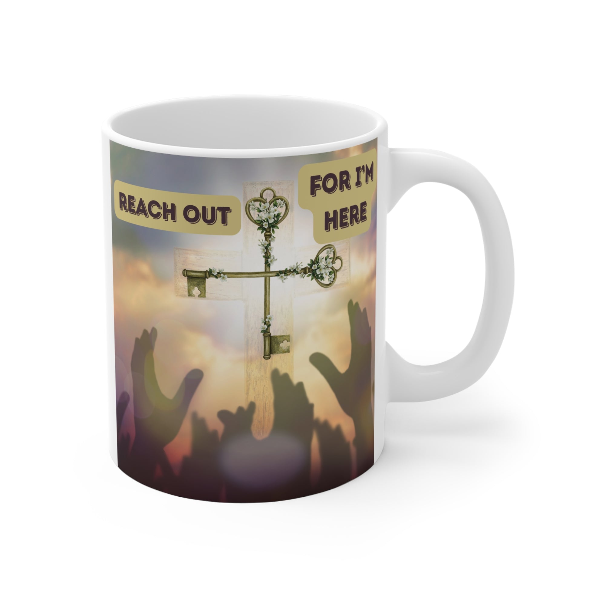 Religious coffee mug featuring cross with keys, raised hands silhouette and comforting Christian quote