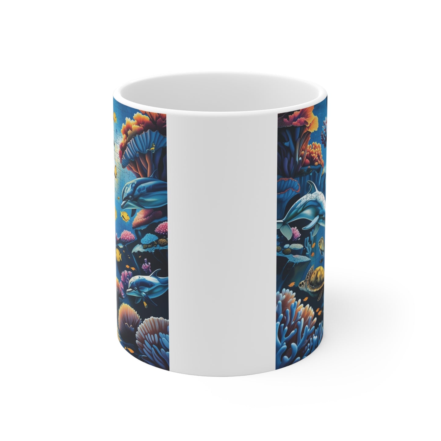 Inspirational faith mug featuring a golden cross beneath the ocean with vibrant marine life and blue underwater background