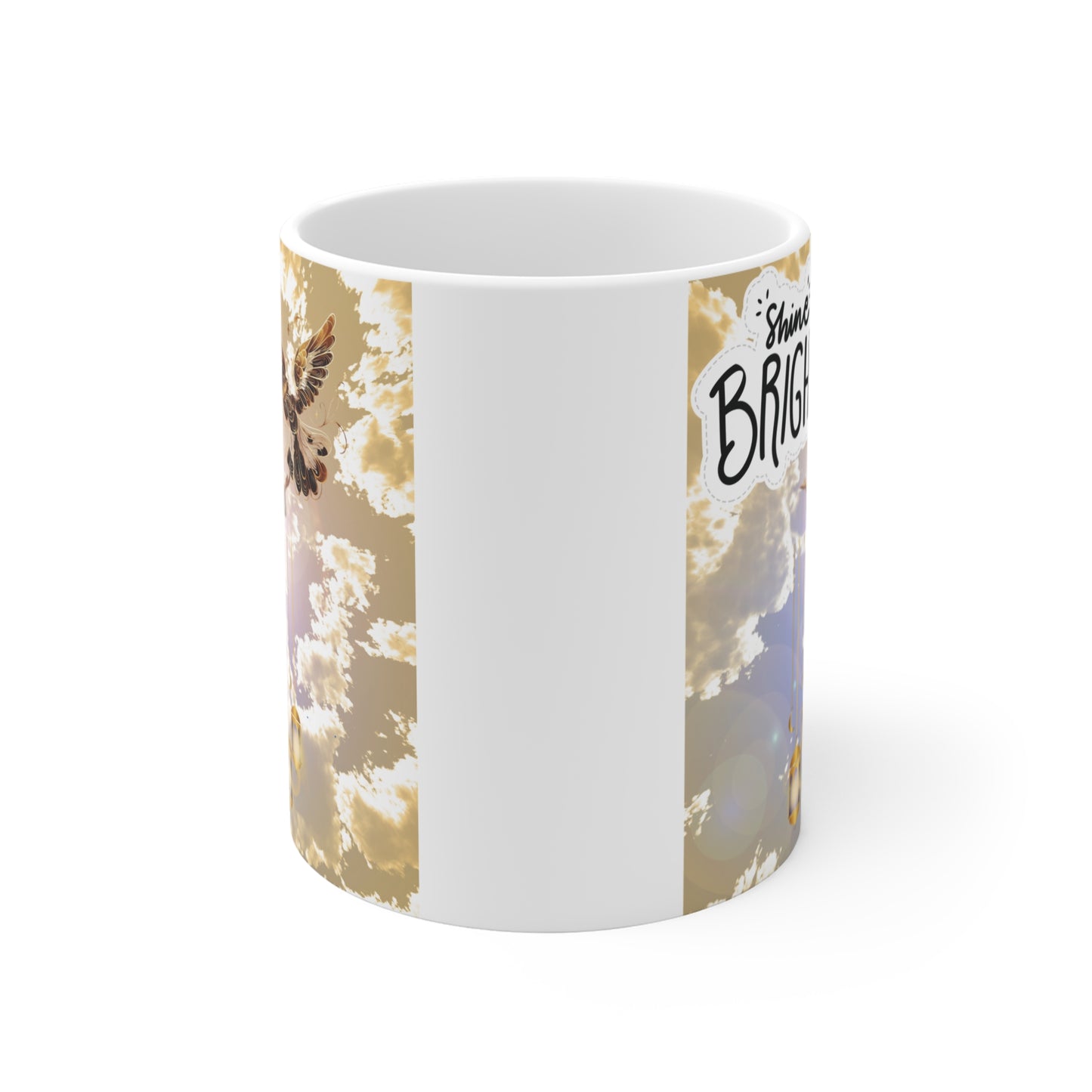 Religious coffee mug featuring heavenly sky scene with Jesus, glowing dove, and motivational “Shine Bright” message