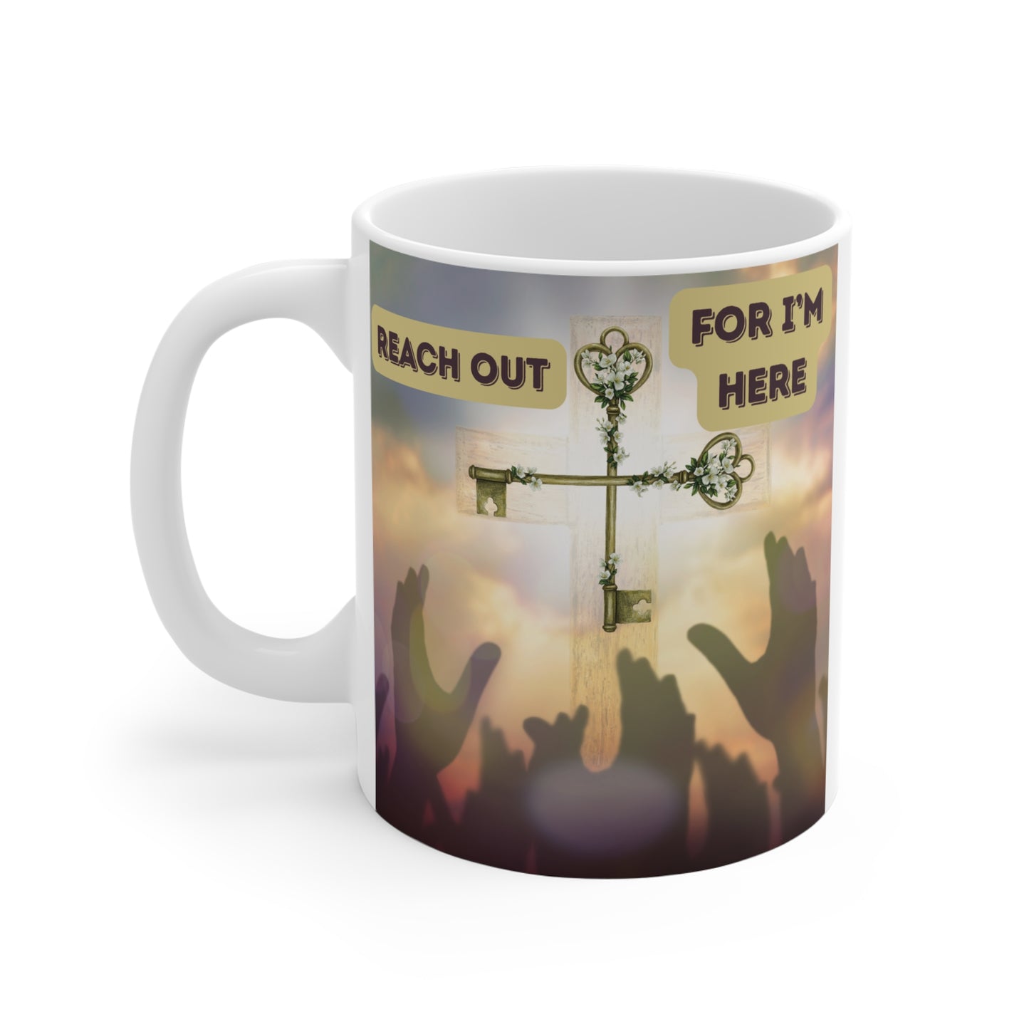 Christian cross mug with keys and “Reach Out For I’m Here” message, inspirational faith coffee mug