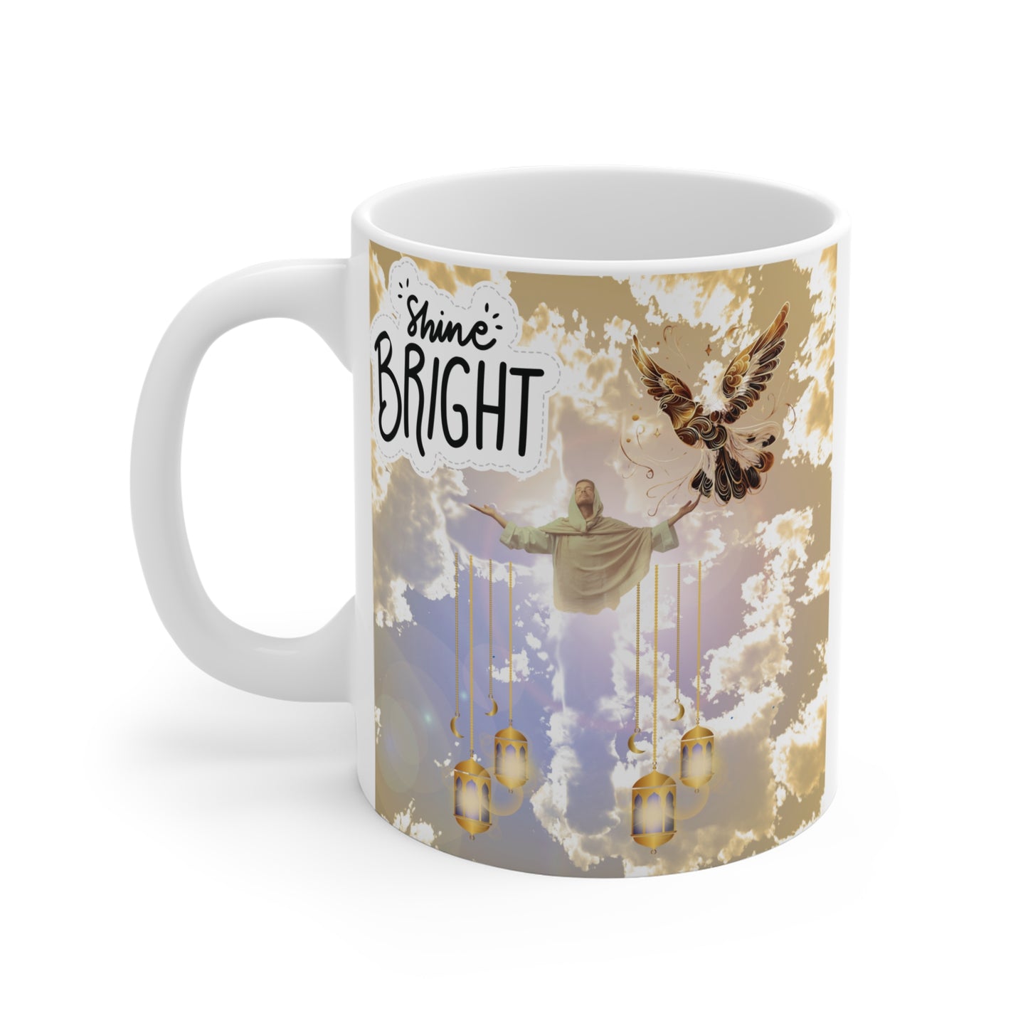 Inspirational Christian mug with Jesus in clouds, dove illustration, lanterns, and “Shine Bright” faith quote