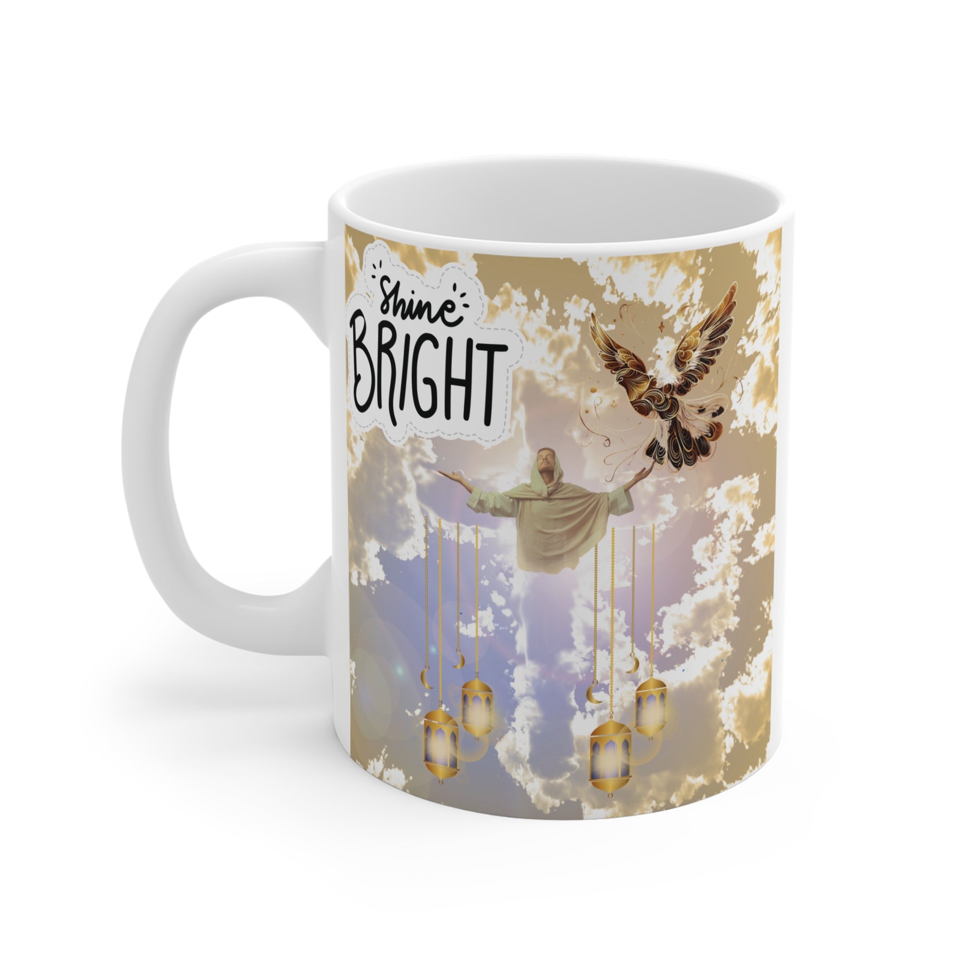 Inspirational Christian mug with Jesus in clouds, dove illustration, lanterns, and “Shine Bright” faith quote