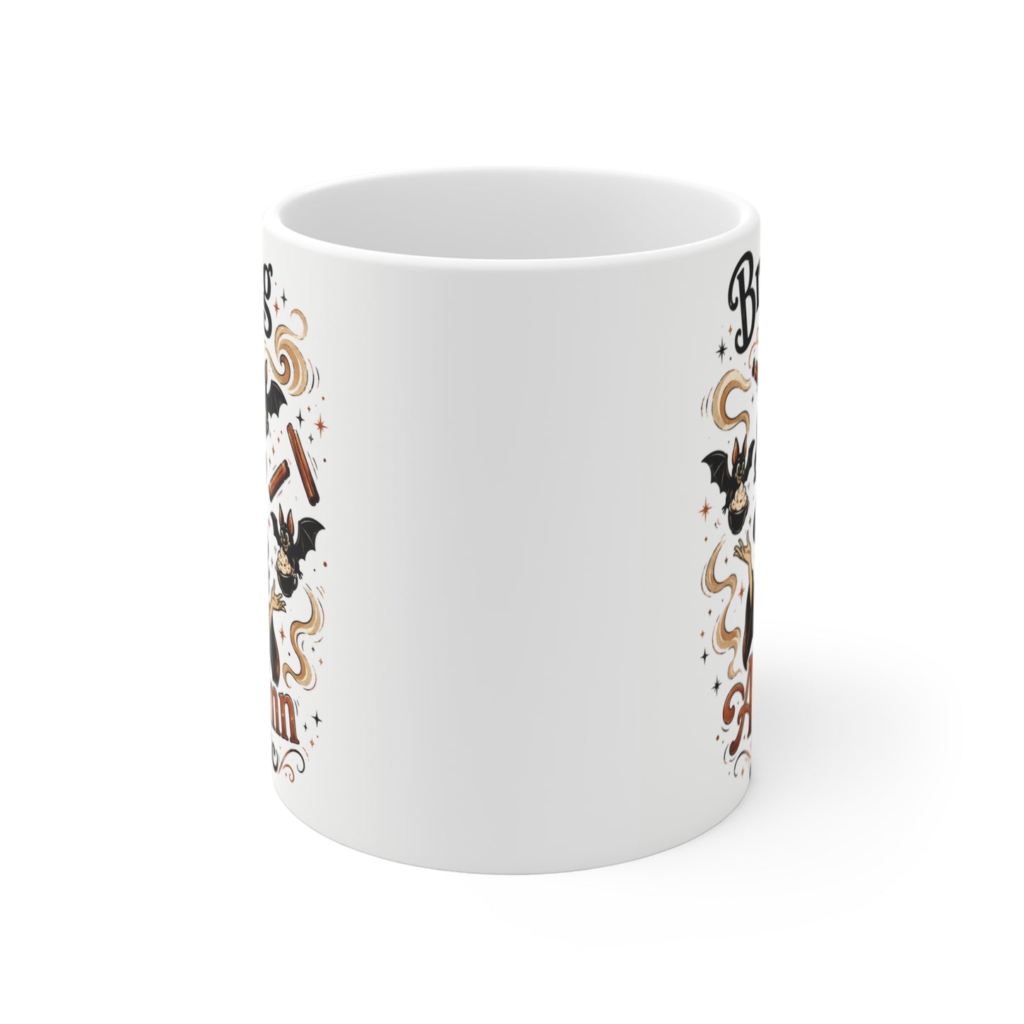 Cute fall coffee mug with whimsical witch illustration, magical coffee steam, cinnamon sticks, bats, and cozy autumn typography.